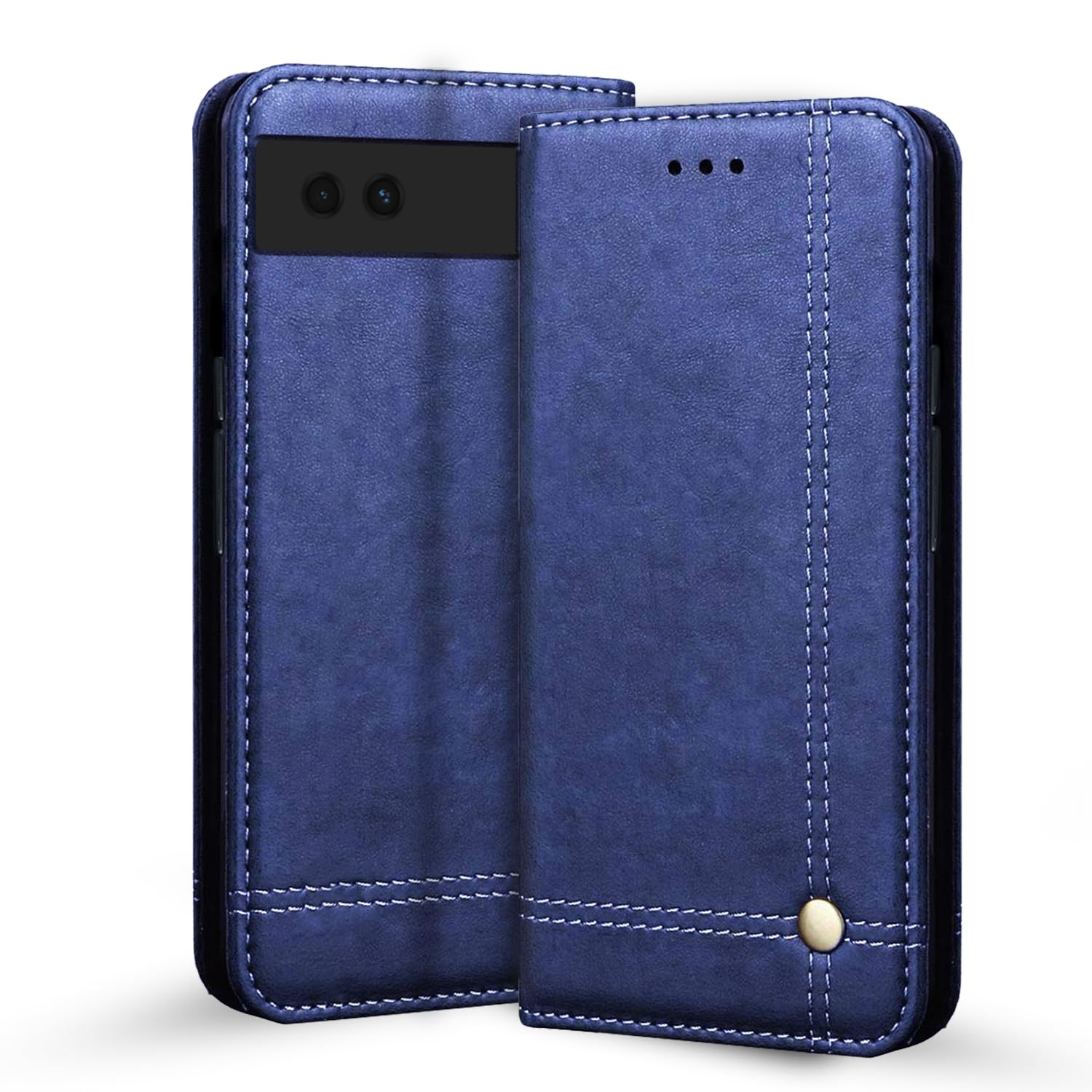 Google Pixel 6A Magnetic wallet flip cover in blue by Pikkme