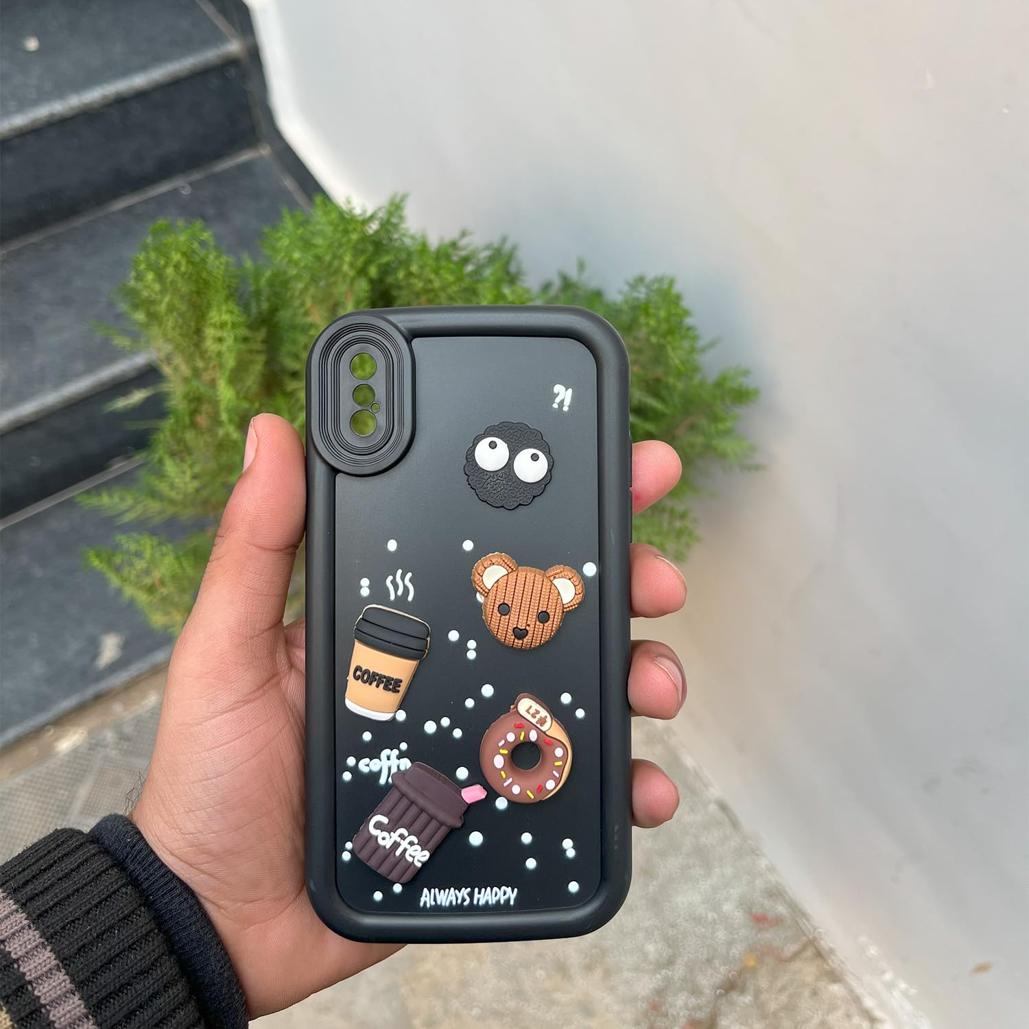 Pikkme iPhone X/Xs Cute Fun Cartoon 3D Bear Coffee Back Cover (Black)