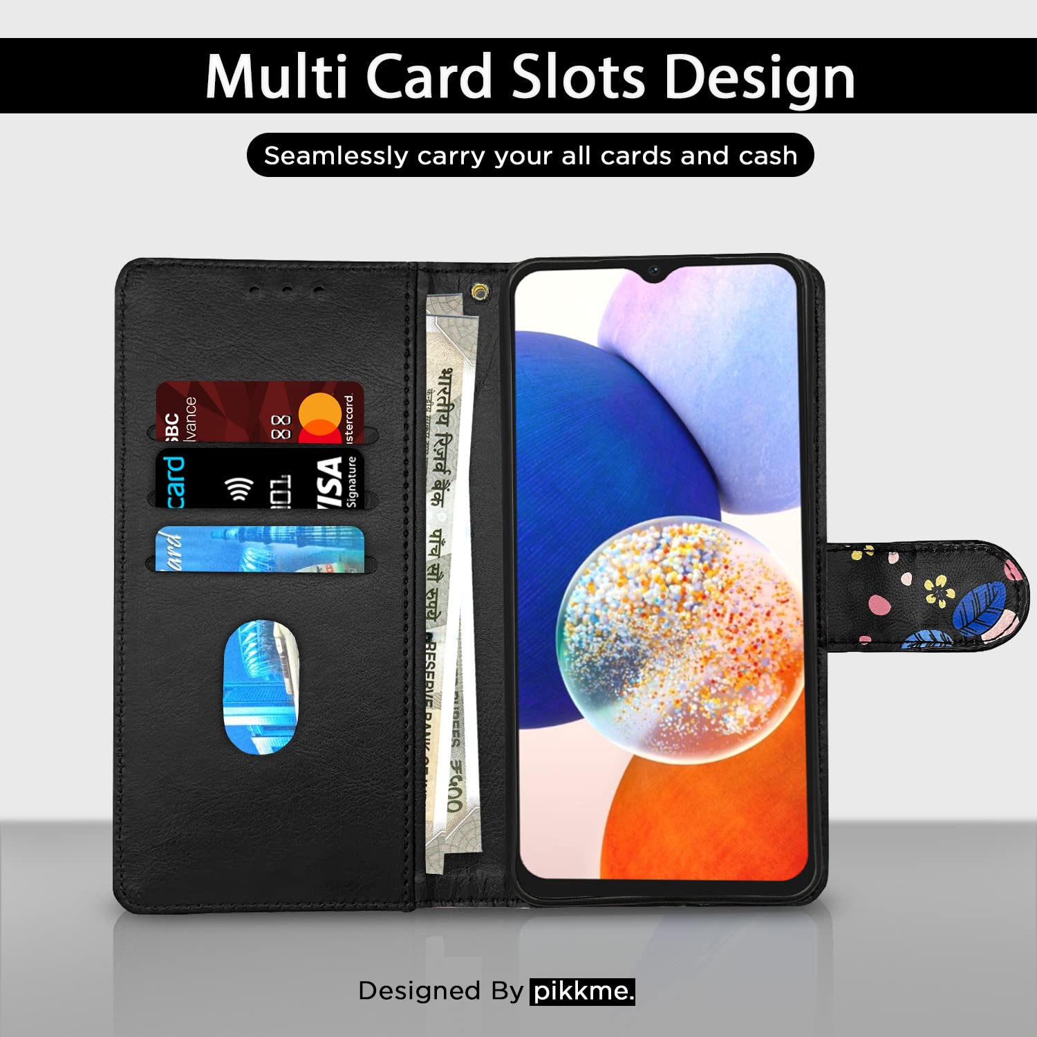 Pikkme Samsung Galaxy M14 5G Flower Flip Cover (Black)