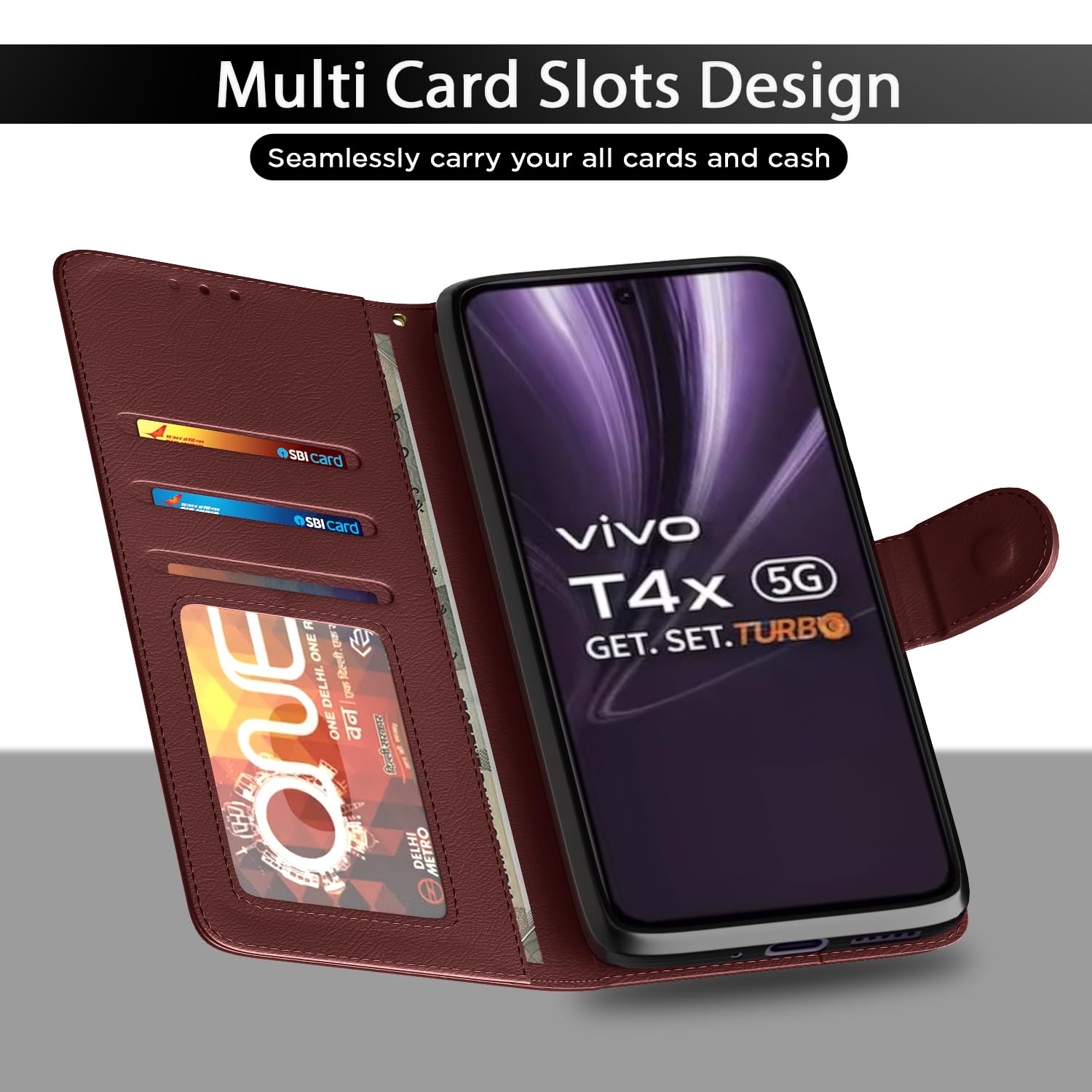 Pikkme Vivo T4x 5G / iQoo Z10x 5G Vintage Flip Cover (Brown)