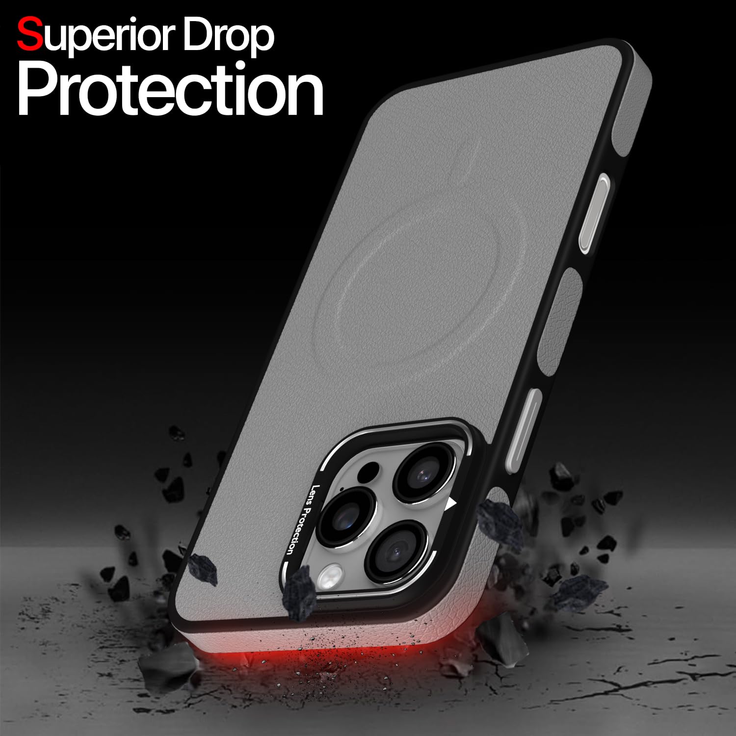 Pikkme iPhone 16 Pro Max Pu Leather with Metal Frame Lens Protection Bumper Case (Grey)