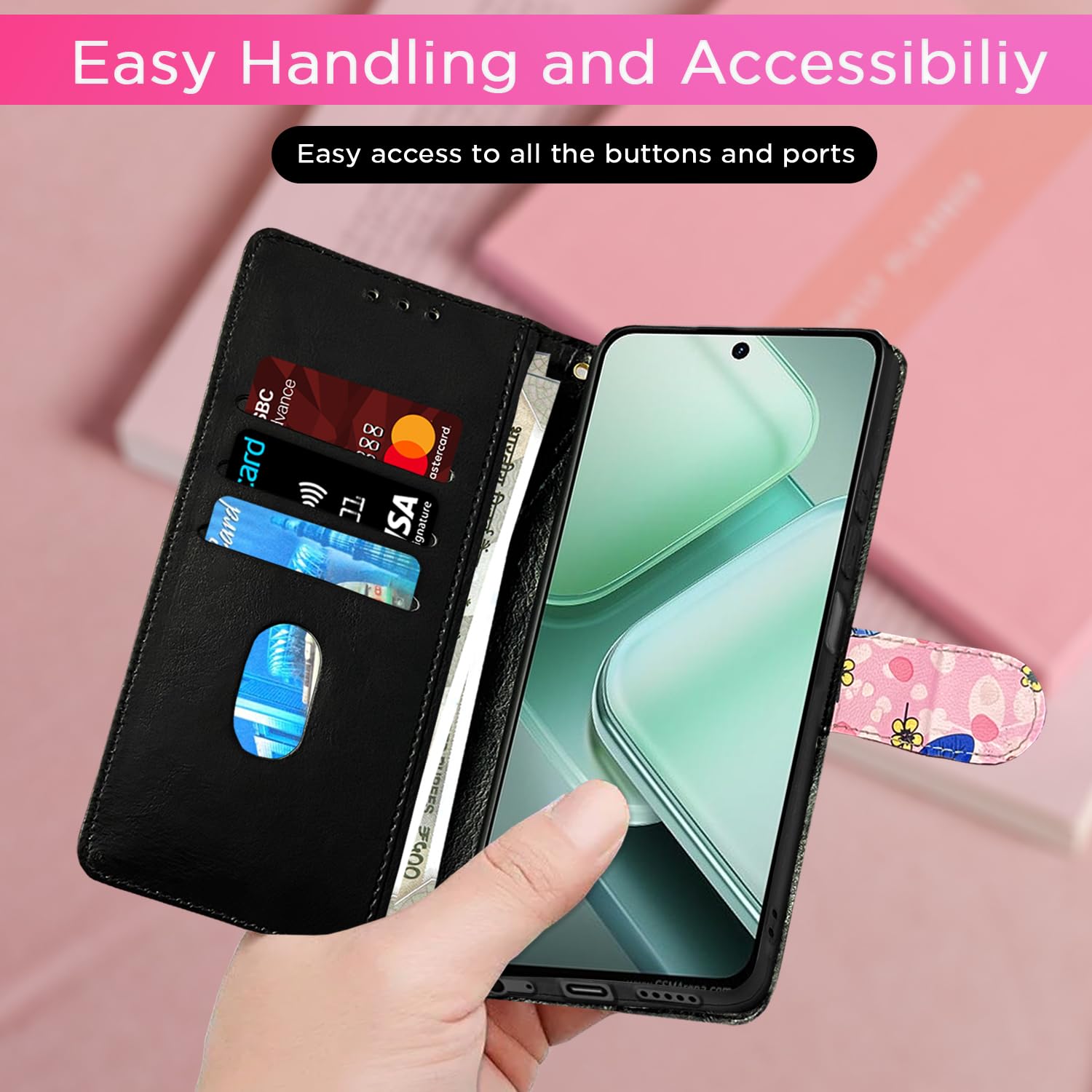 Pink flower Wallet flip cover for iQOO Z9x 5G – Pikkme – photo 7