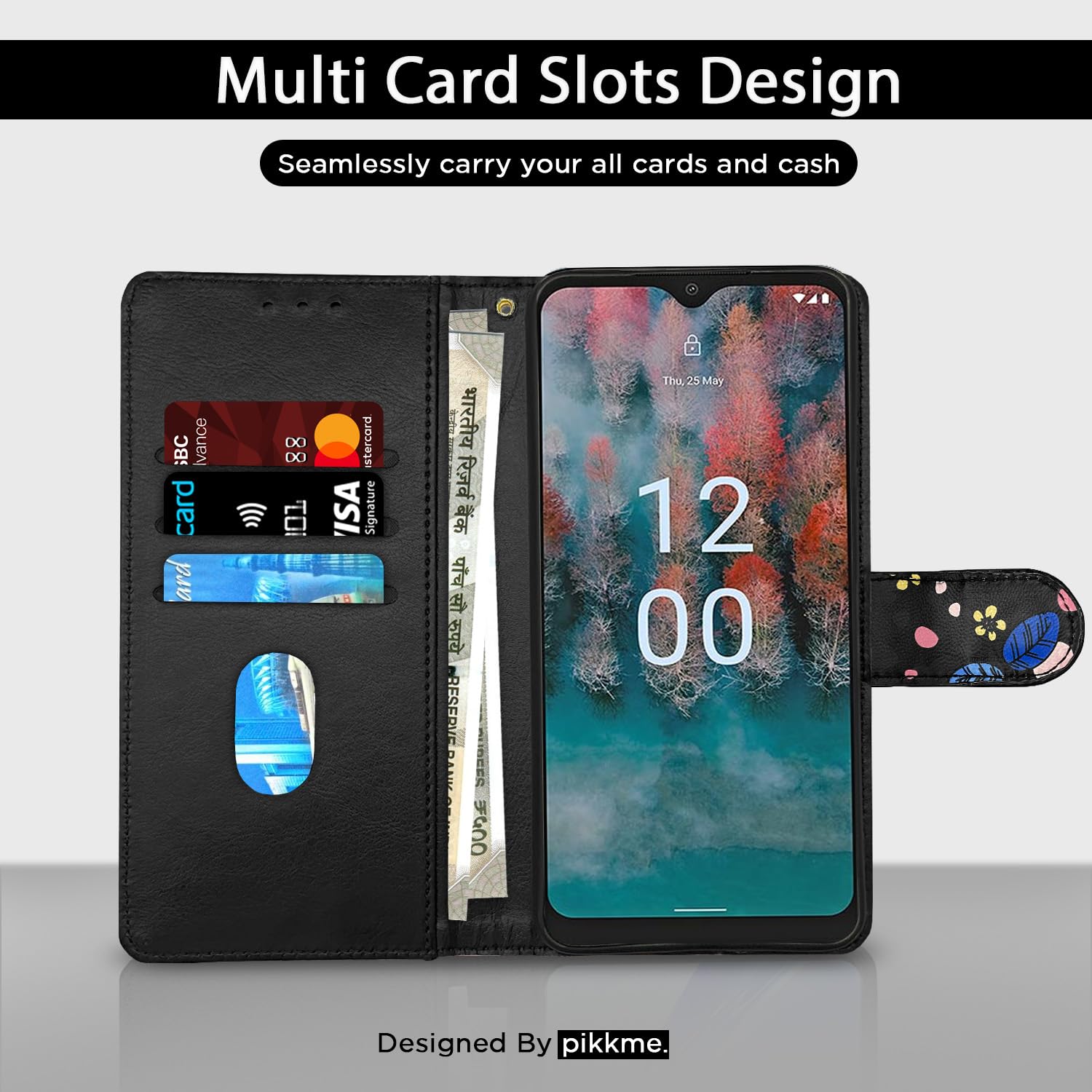 Pikkme Nokia C12/C12 Pro Wallet black flower wallet flip cover – photo 3