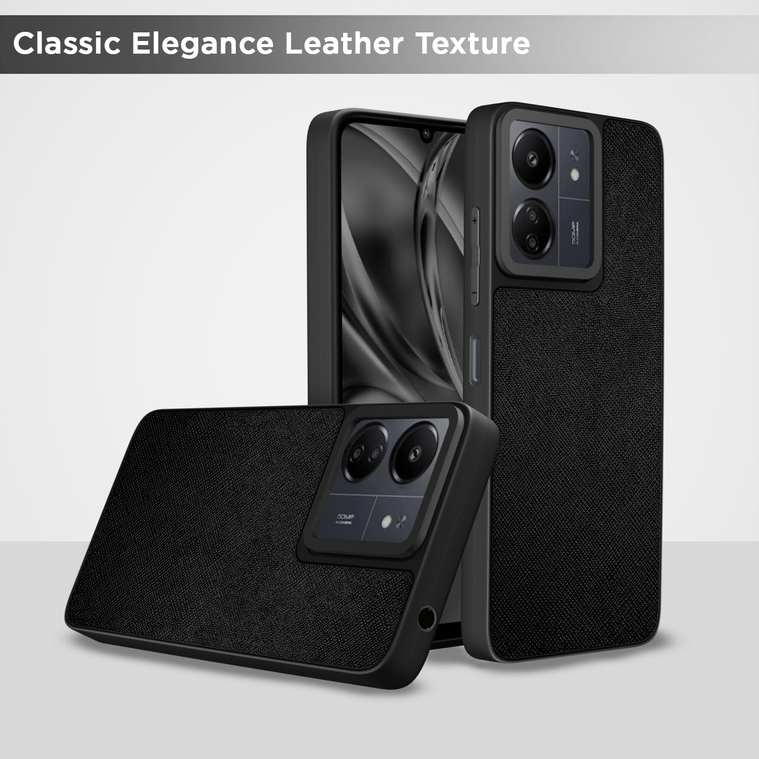 Pikkme Redmi 13C 4G / 5G / Poco C65 / Poco M6 5G Vegan Leather Back Cover (Black)