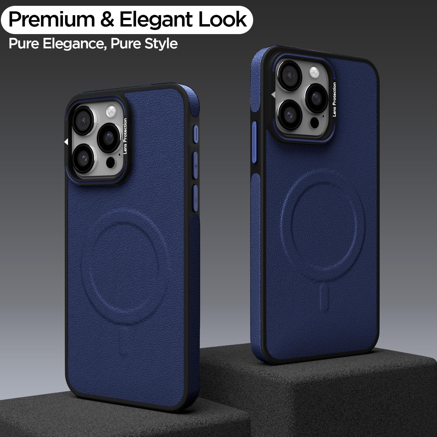 Pikkme iPhone 15 Pro Max Pu Leather with Metal Frame Lens Protection Bumper Case (Blue)