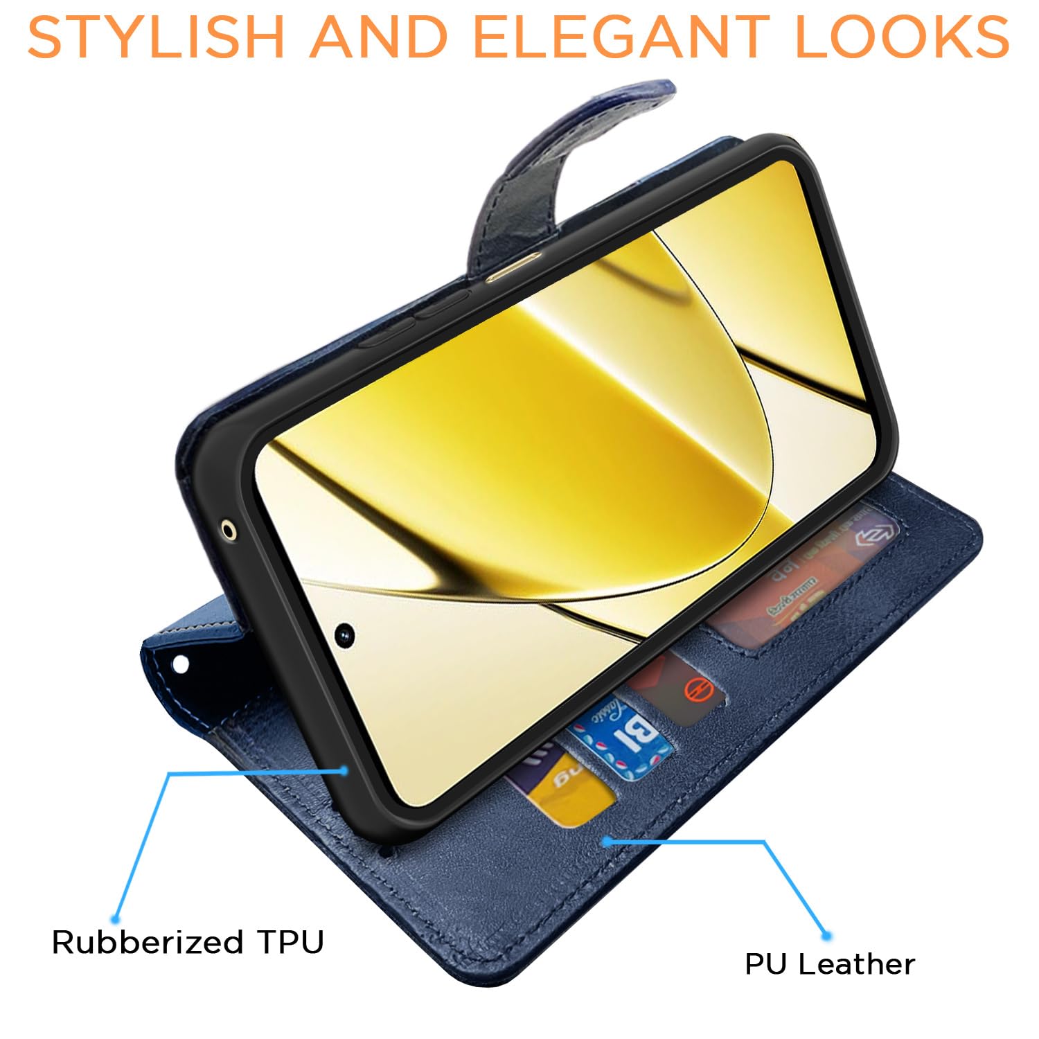 Pikkme Realme 11 5G Dual-Tone PU Leather Finish Magnetic Flip Cover (Navy Blue)