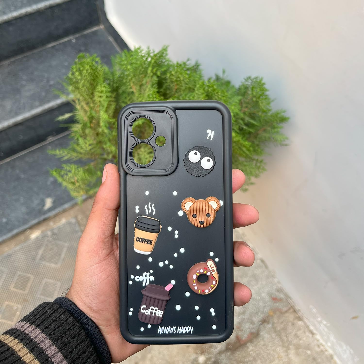Pikkme Bumper Case for Moto G34 / G45 5G Cute Fun Cartoon 3D Bear Coffee Back Cover (Black)