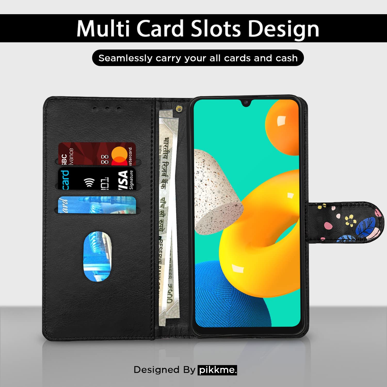 Pikkme Samsung M32 4G/M32 Prime/F22 4G black flower wallet flip cover – photo 2