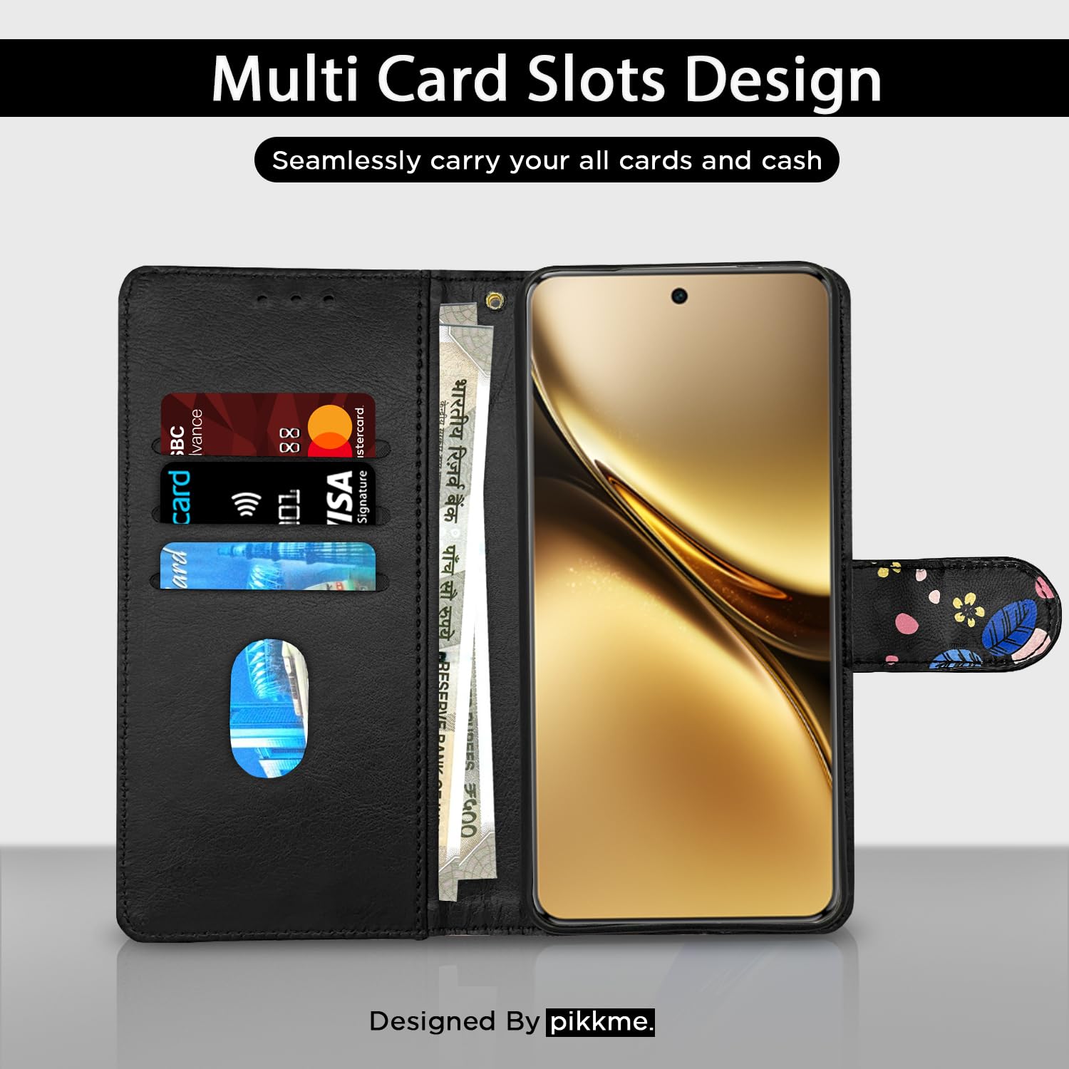 Pikkme Vivo X200 Pro 5G Wallet black flower wallet flip cover – photo 2
