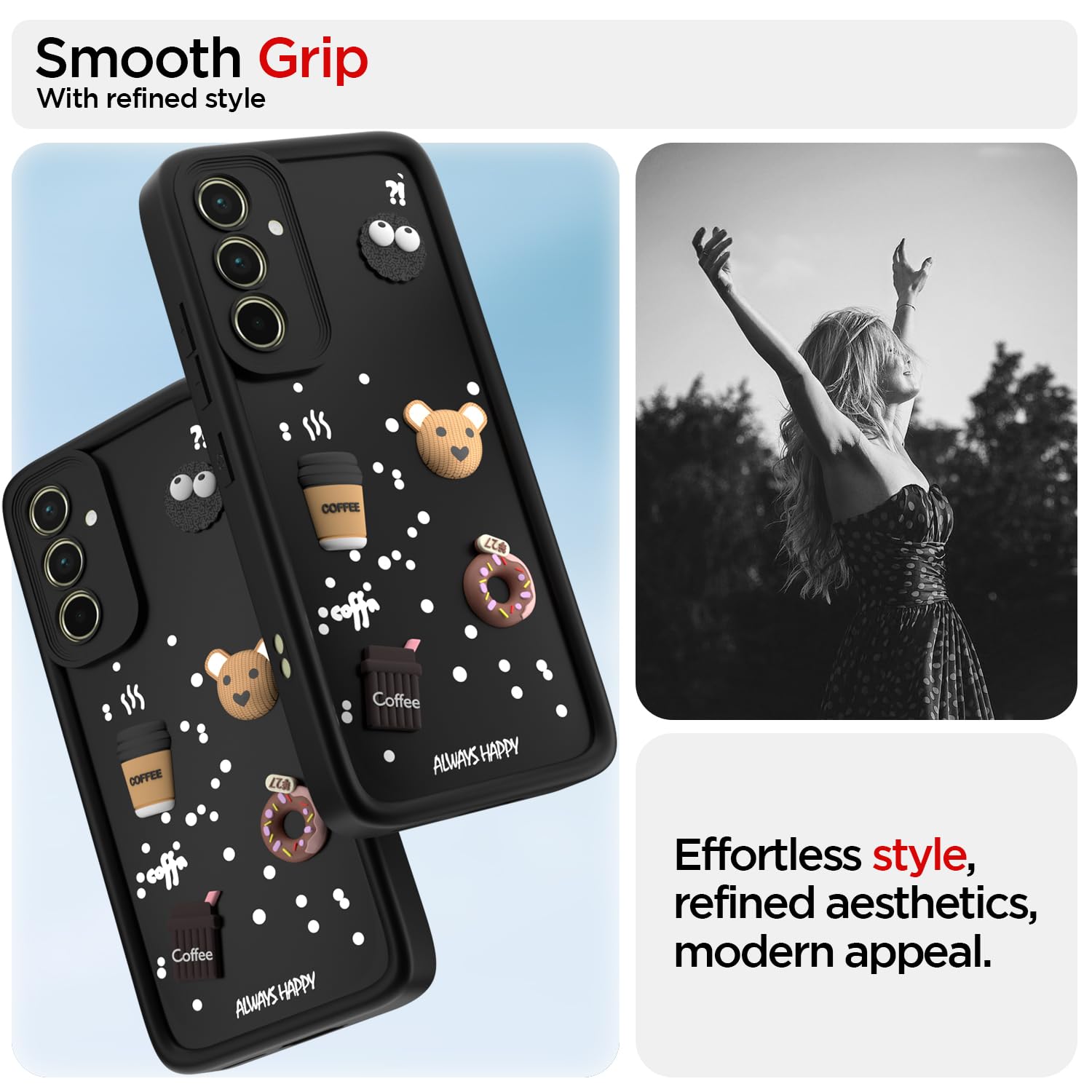 Pikkme Samsung Galaxy A55 5G Cute Fun Cartoon 3D Bear Coffee Back Cover (Black)