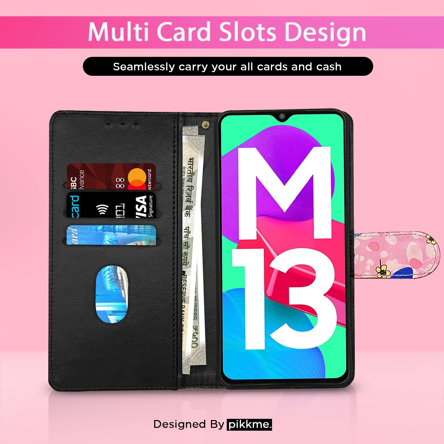 Pikkme Samsung Galaxy M13 4G Flower Flip Cover (Pink)