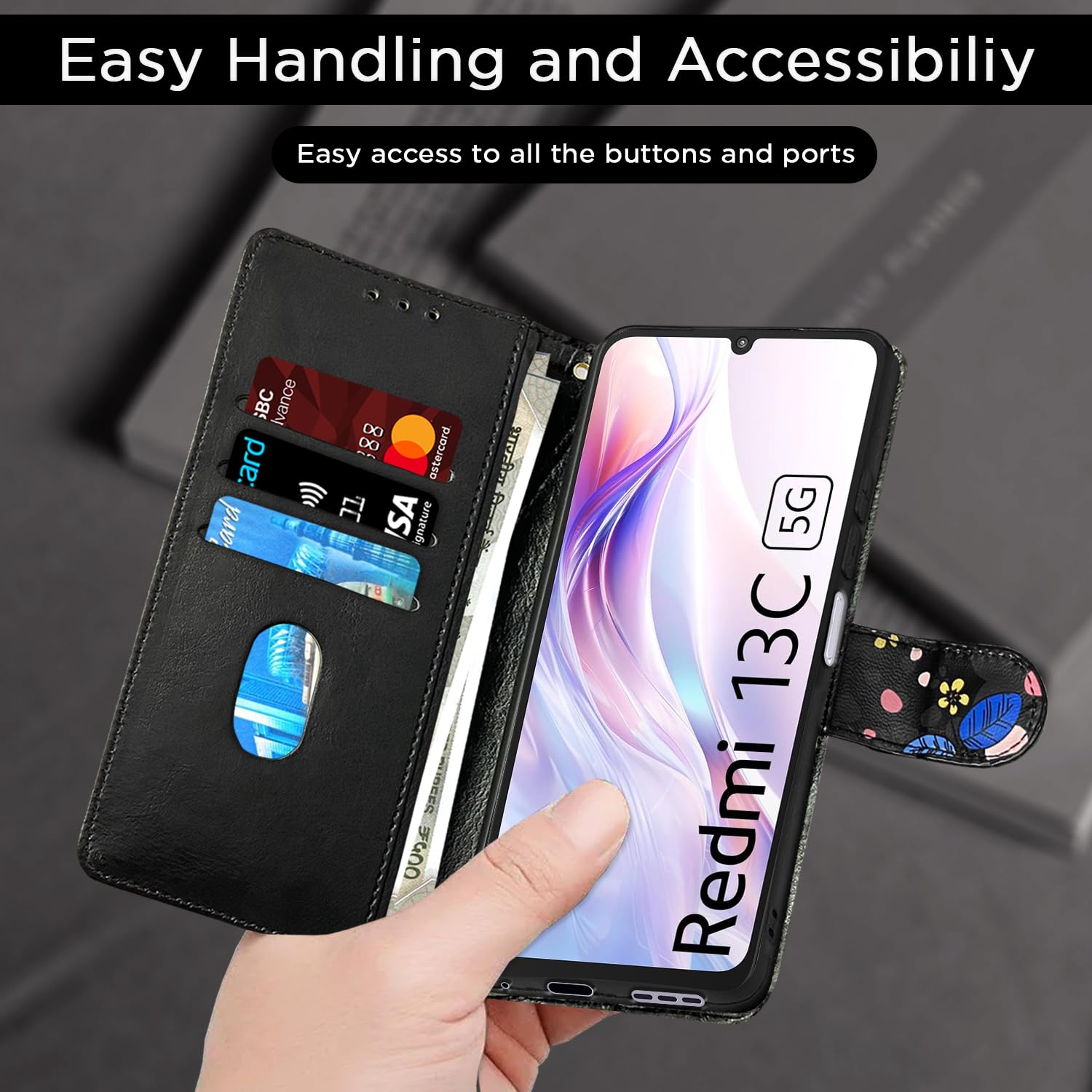 Pikkme black flower Wallet flip case for Redmi 13C 5G – photo 7