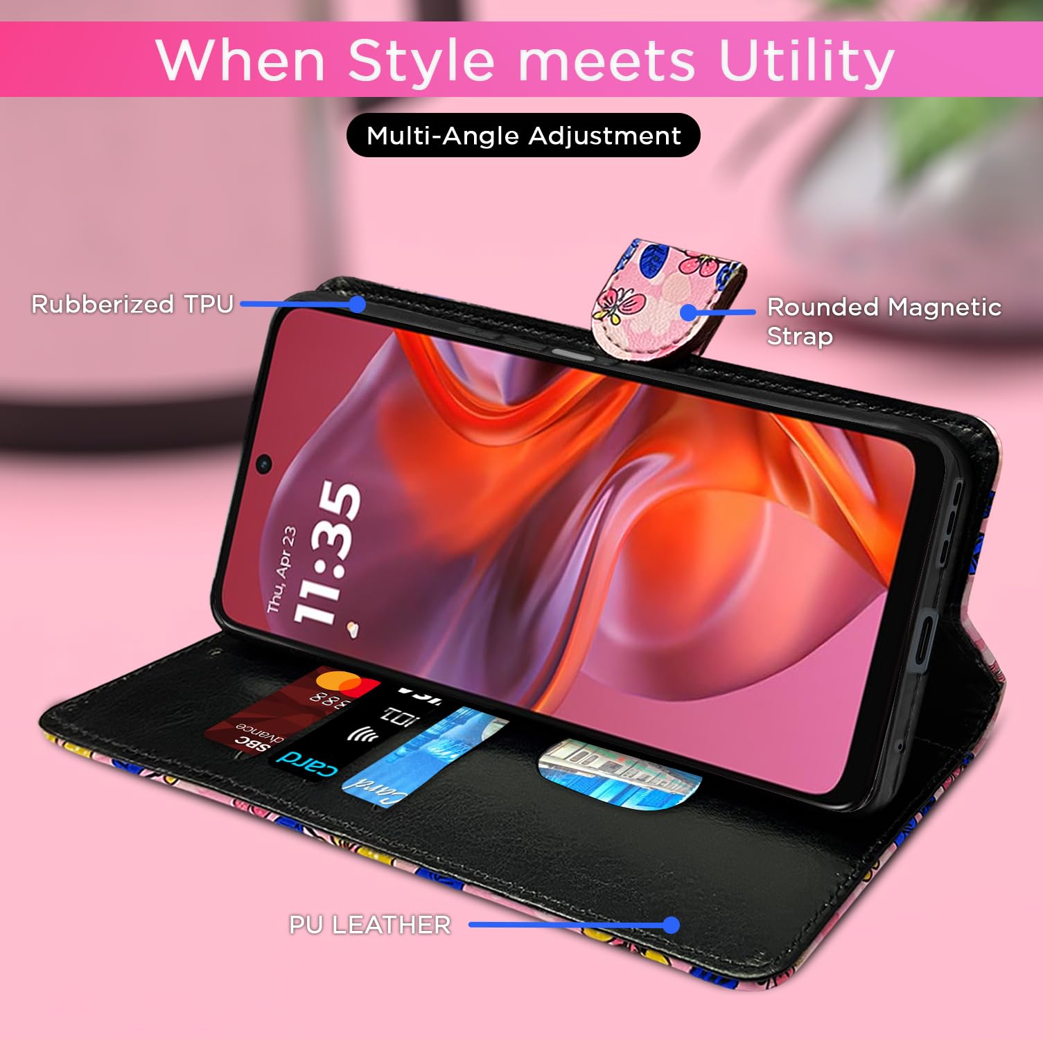 Pikkme Moto G15 Wallet pink flower mobile flip cover – photo 5