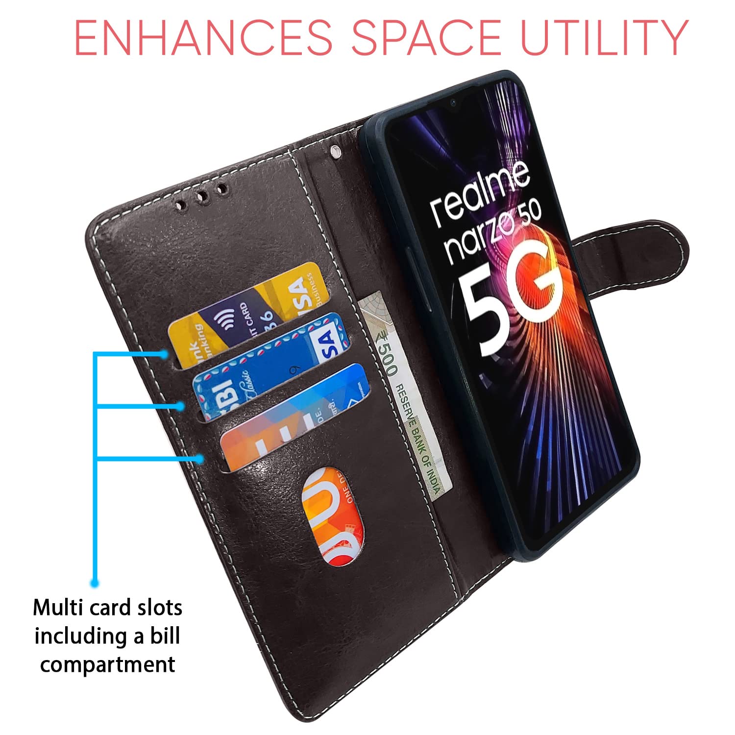 Pikkme coffee & brown Magnetic flip cover for Realme Narzo 50 5G/Oppo K10 5G/Oppo A57 – photo 3