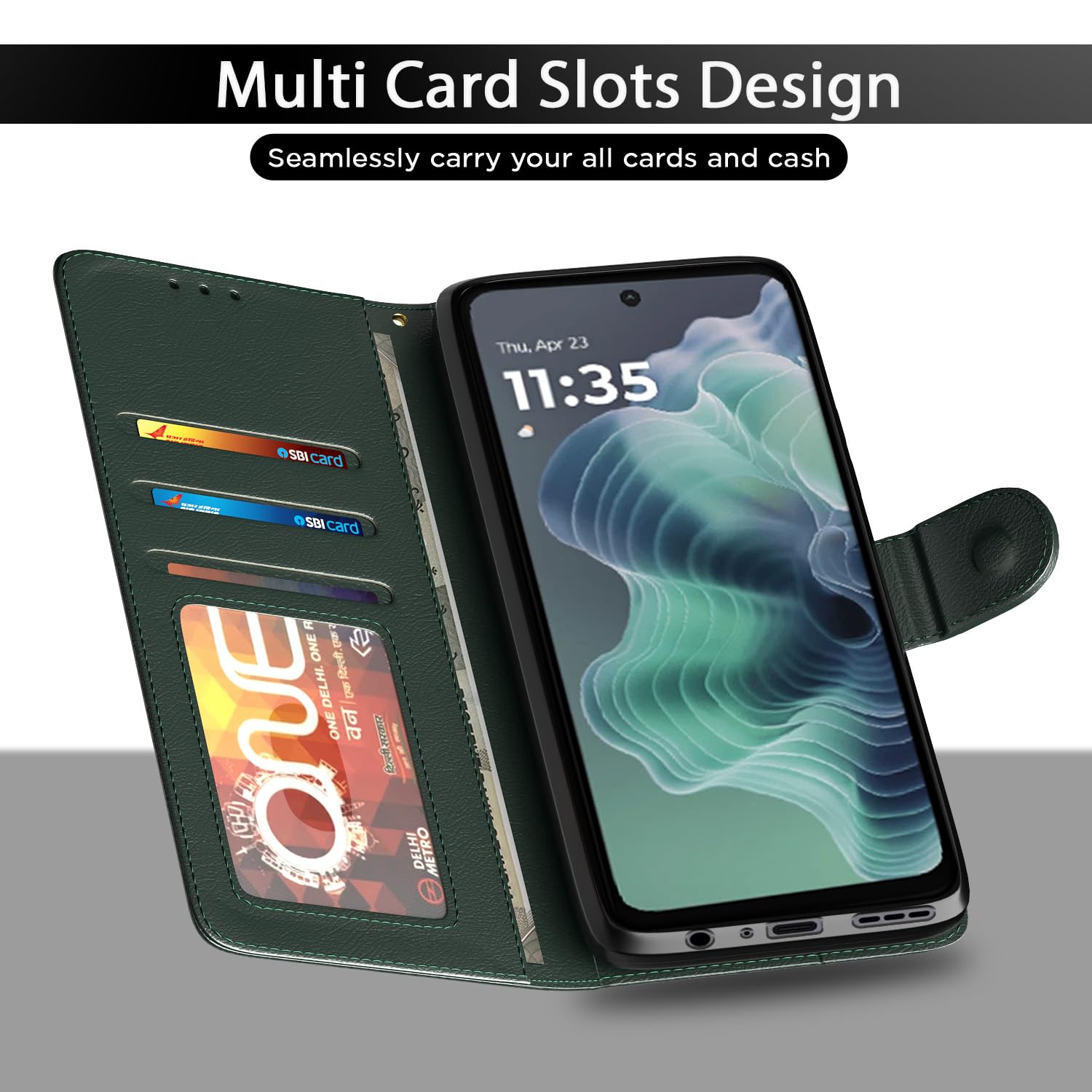 Moto G35 5G Wallet flip cover in green by Pikkme – photo 5