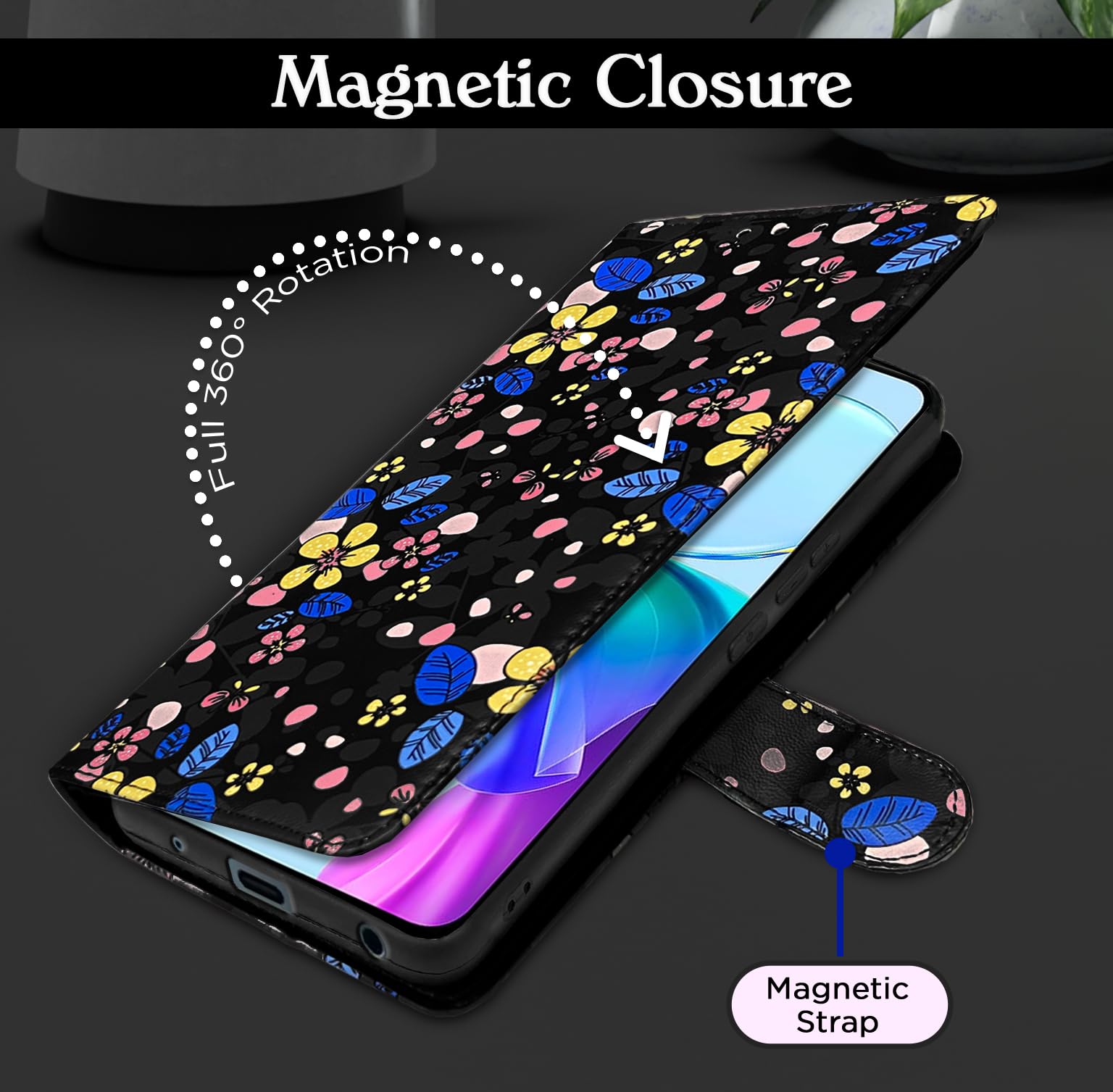 Pikkme black flower Wallet wallet flip cover for Vivo Y03 4G – photo 6
