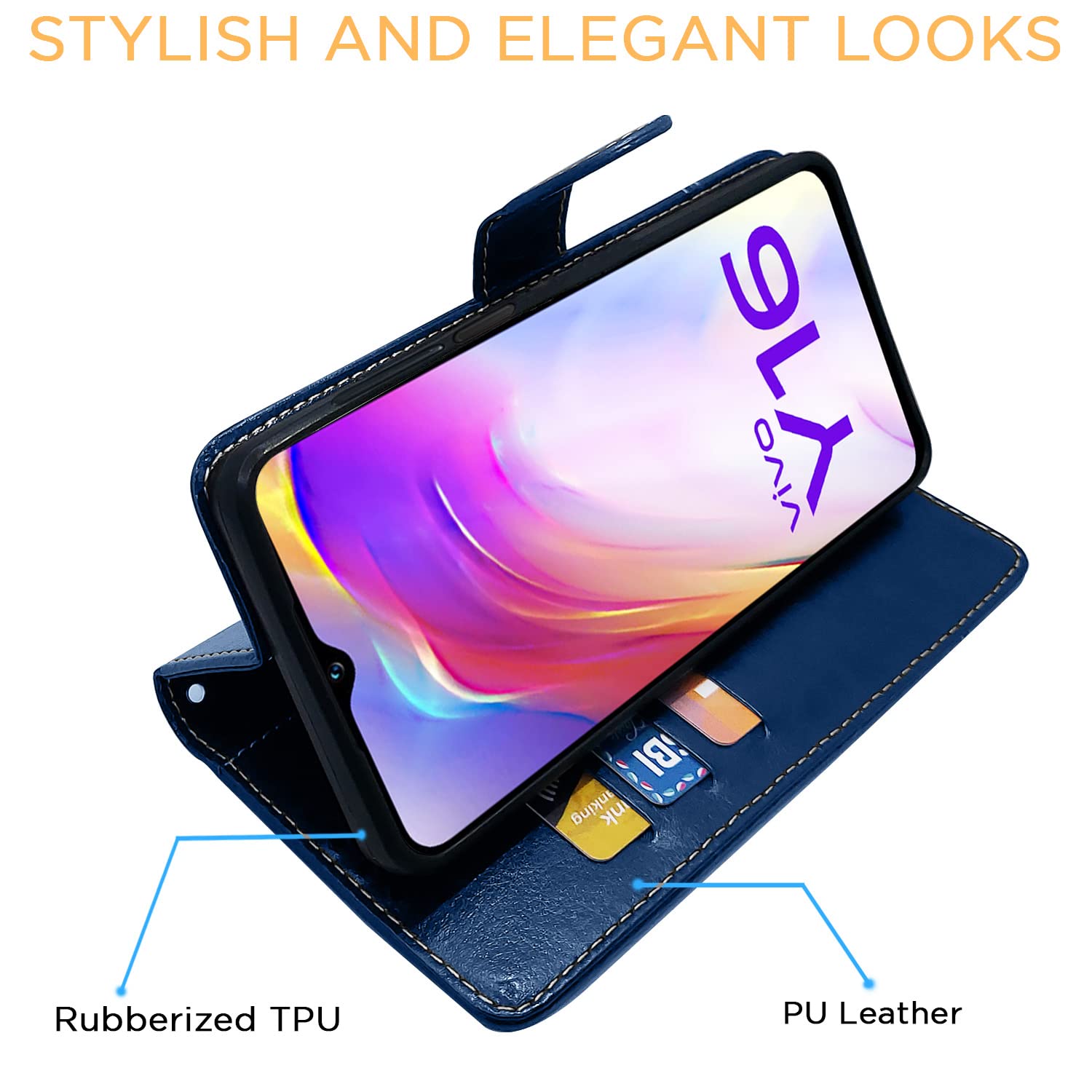 Vivo Y16 wallet flip cover in blue & brown by Pikkme – photo 5