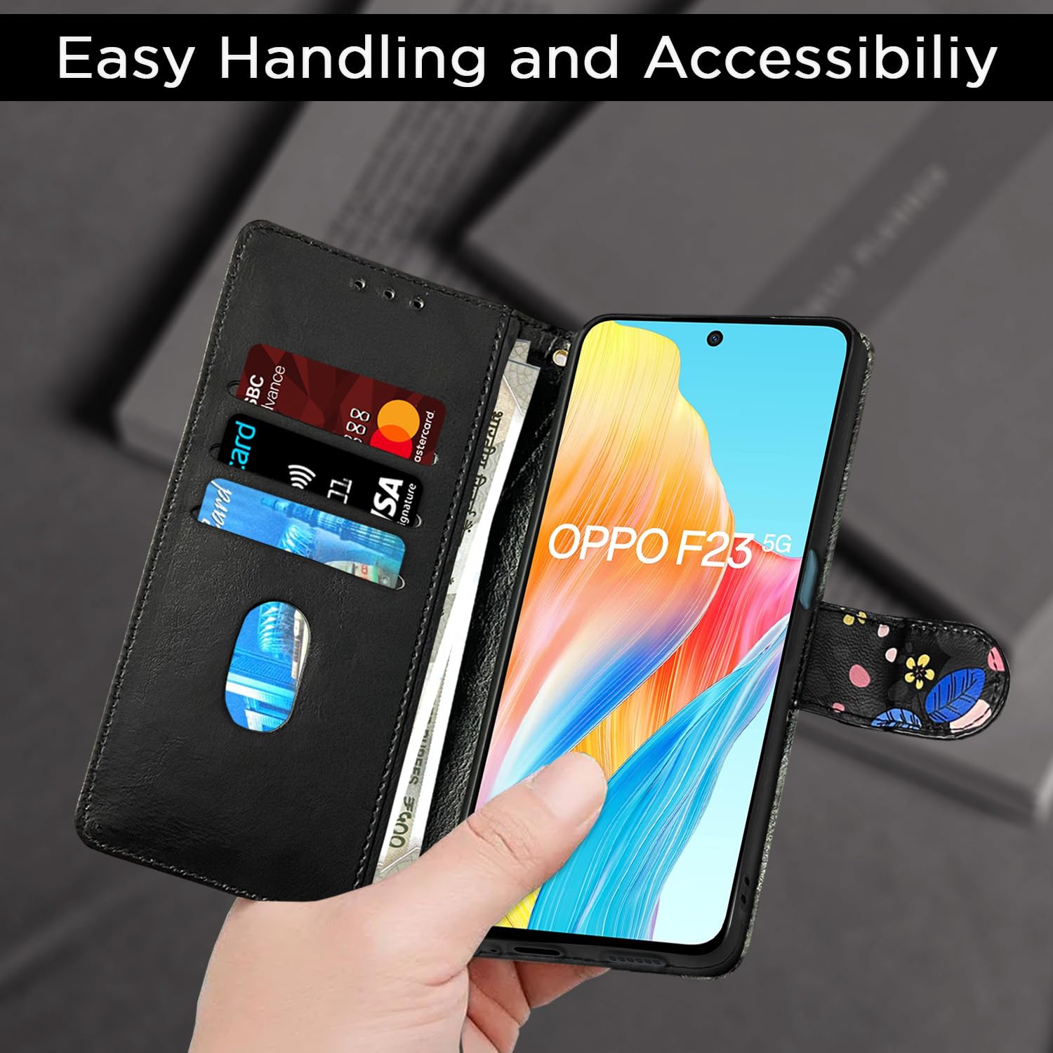 Pikkme Oppo F23 5G black flower wallet flip cover – photo 7