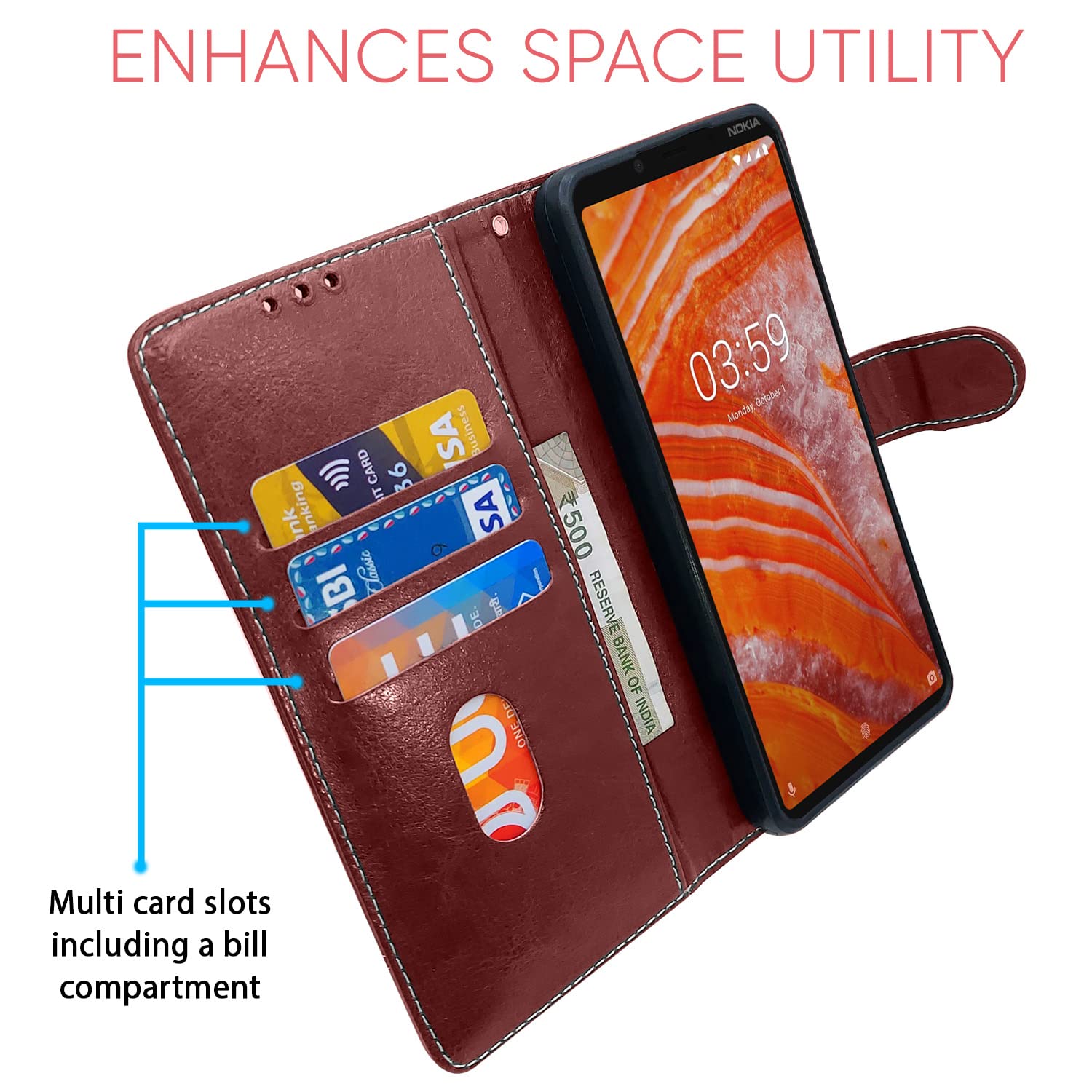Nokia 3.1 Plus/3.1 Magnetic wallet flip cover in brown & coffee by Pikkme – photo 3
