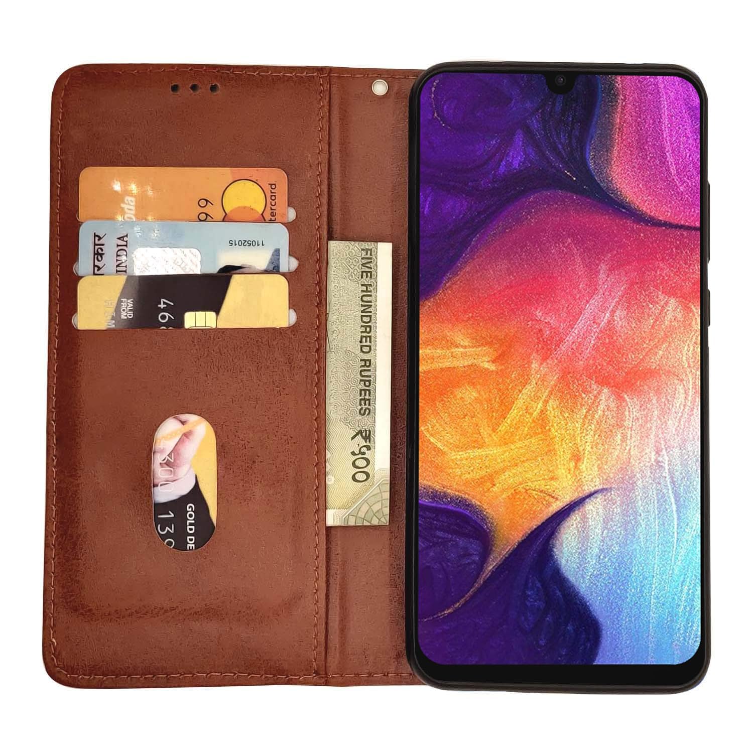 Pikkme Samsung Galaxy A50 Premium Leather Magnetic Flip Cover (Brown)