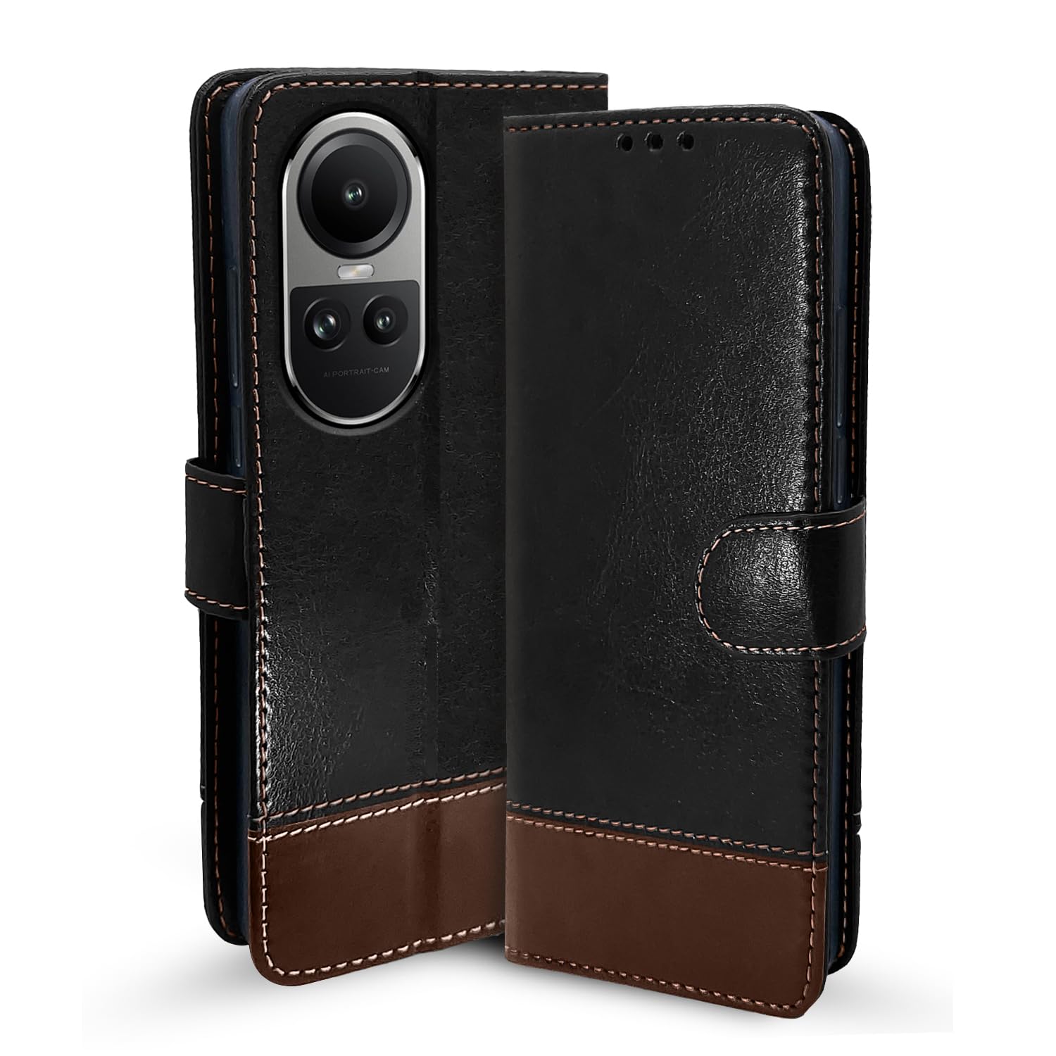 Oppo Reno 10 5G Magnetic flip case in black & brown by Pikkme