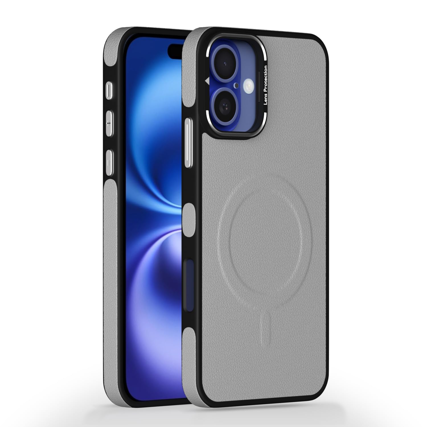 Pikkme iPhone 16 Pu Leather with Metal Frame Lens Protection Bumper Case (Grey)