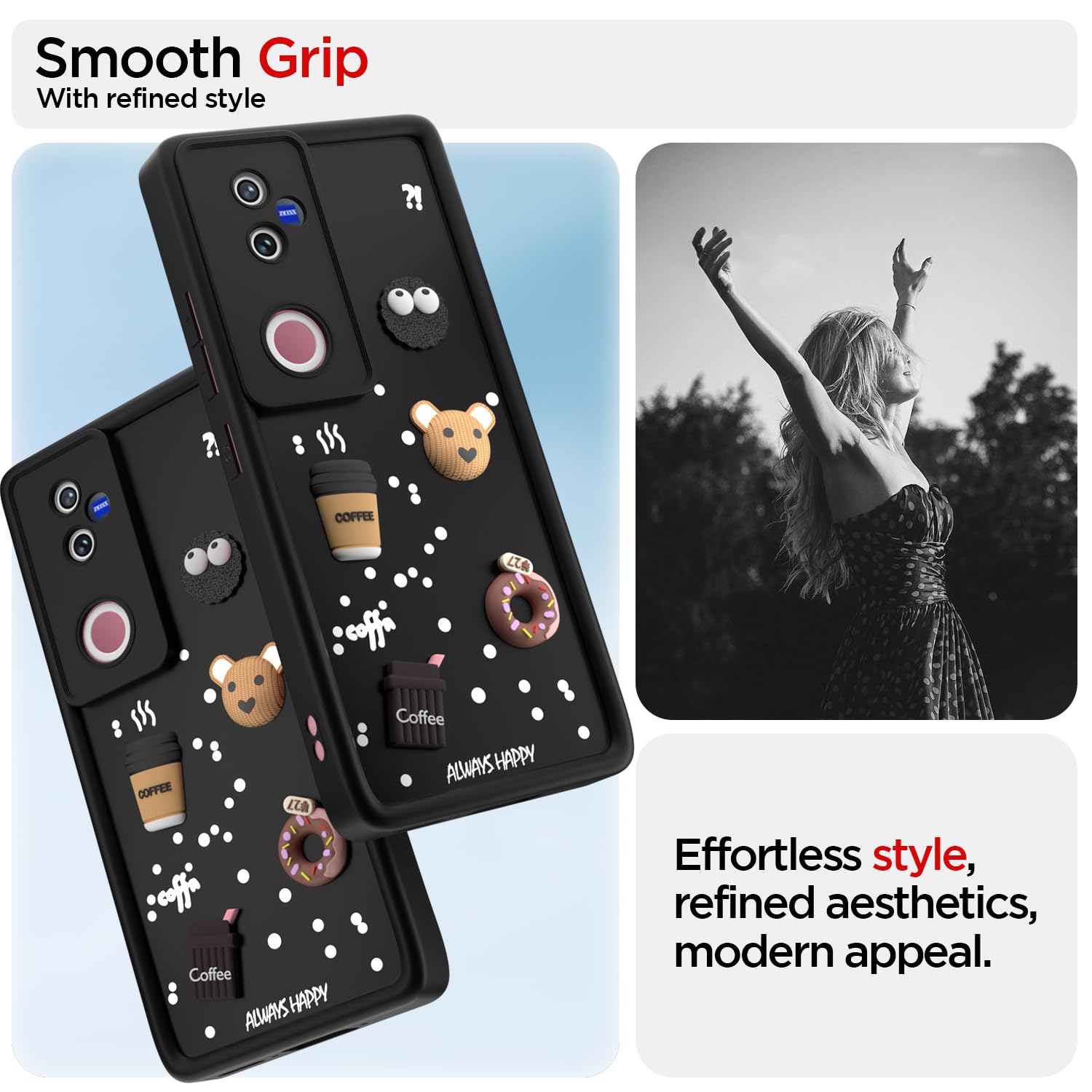 Pikkme Vivo V 50 5G Cute Fun Cartoon 3D Bear Coffee Back Cover (black)