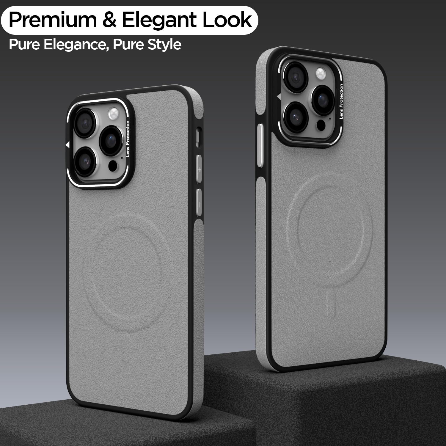 Pikkme iPhone 14 Pro Pu Leather with Metal Frame Lens Protection Bumper Case (Grey)
