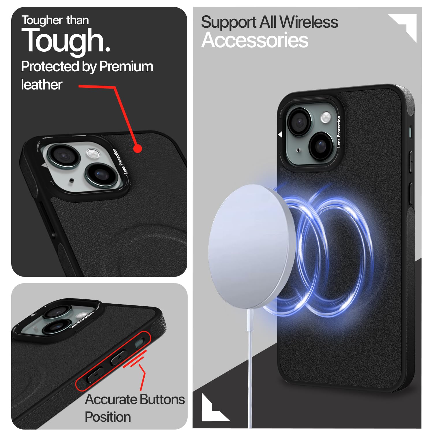 Pikkme iPhone 15 Pu Leather with Metal Frame Lens Protection Bumper Case (Black)