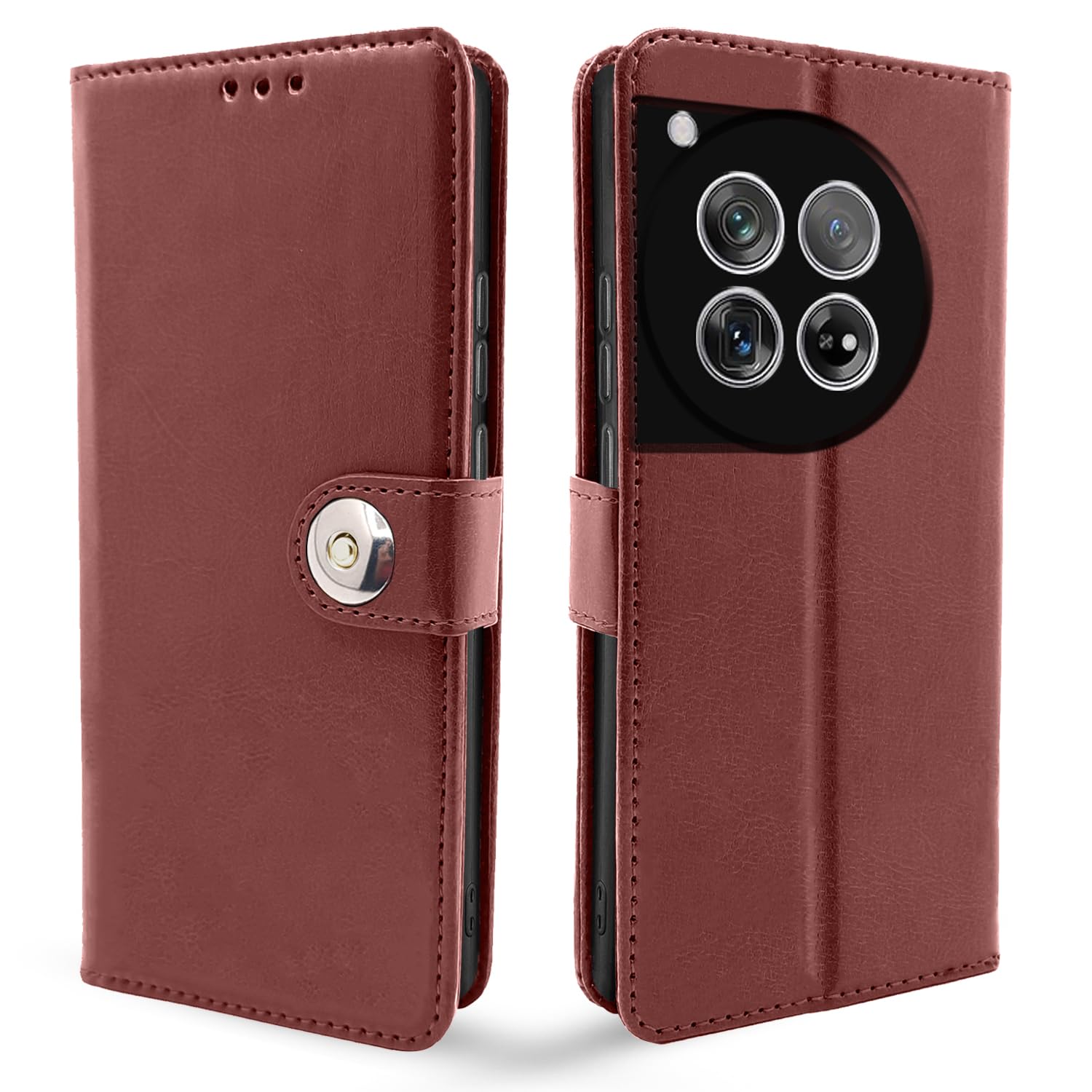 Pikkme brown Button wallet flip cover for OnePlus 12 5G