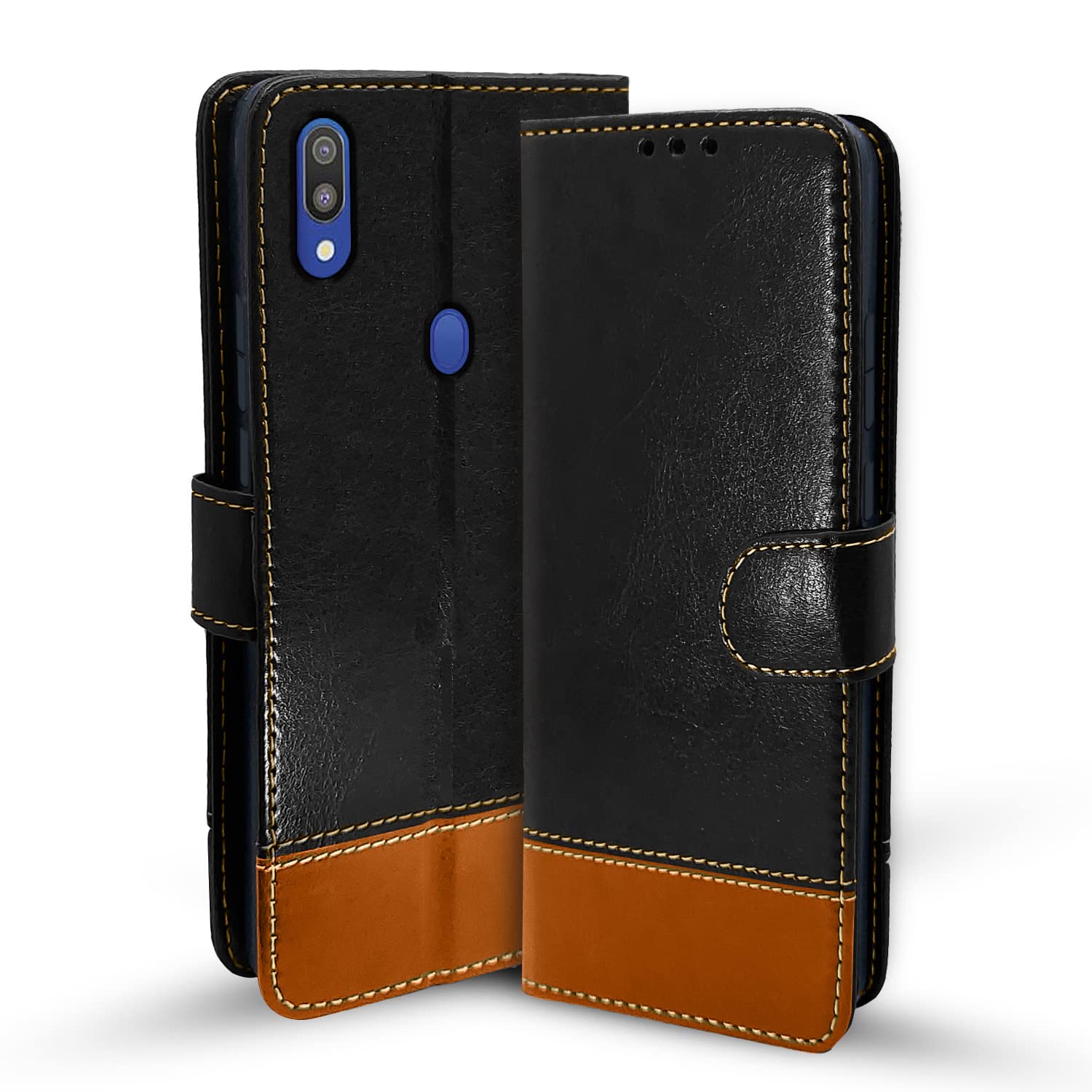 Samsung M20 wallet flip cover in black & brown by Pikkme