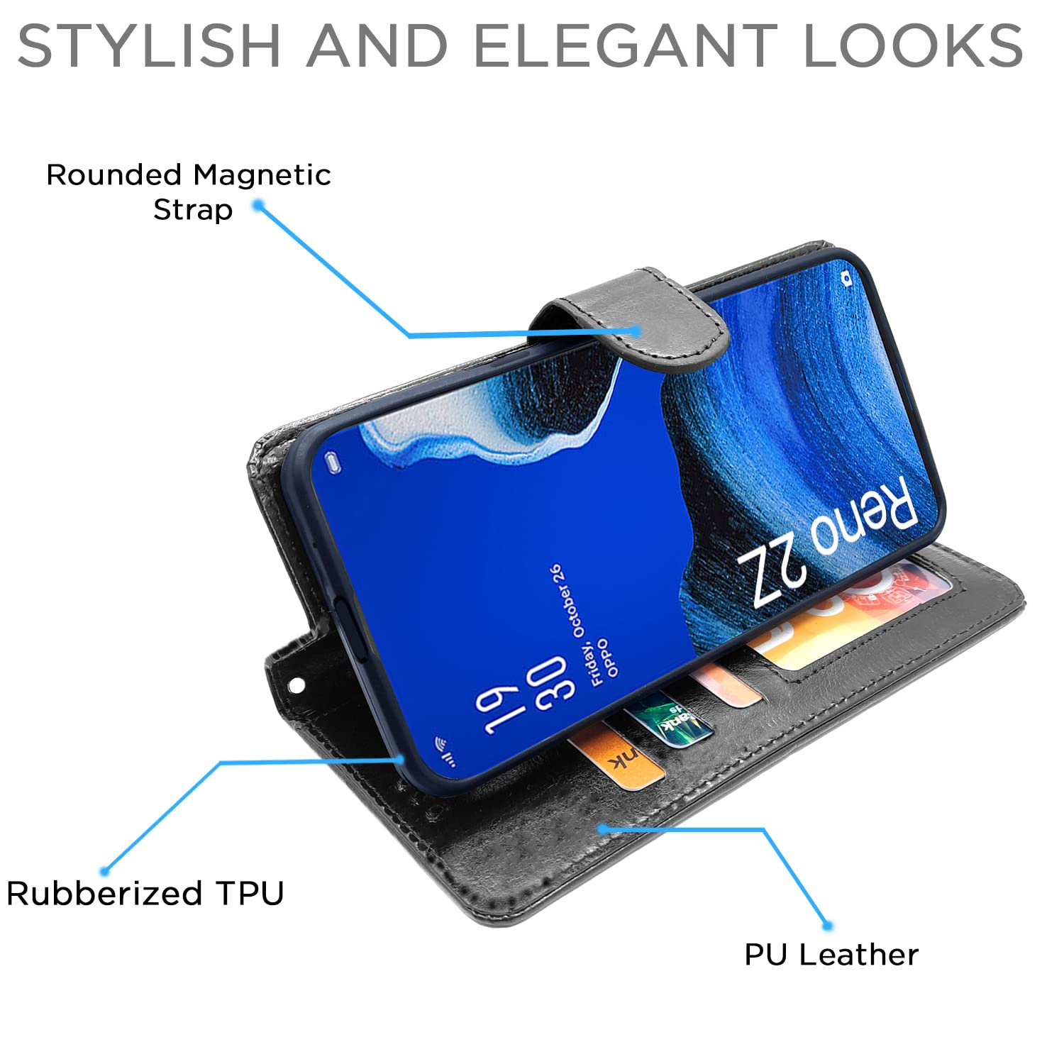 Reno 2Z/2F wallet flip cover in black by Pikkme – photo 6