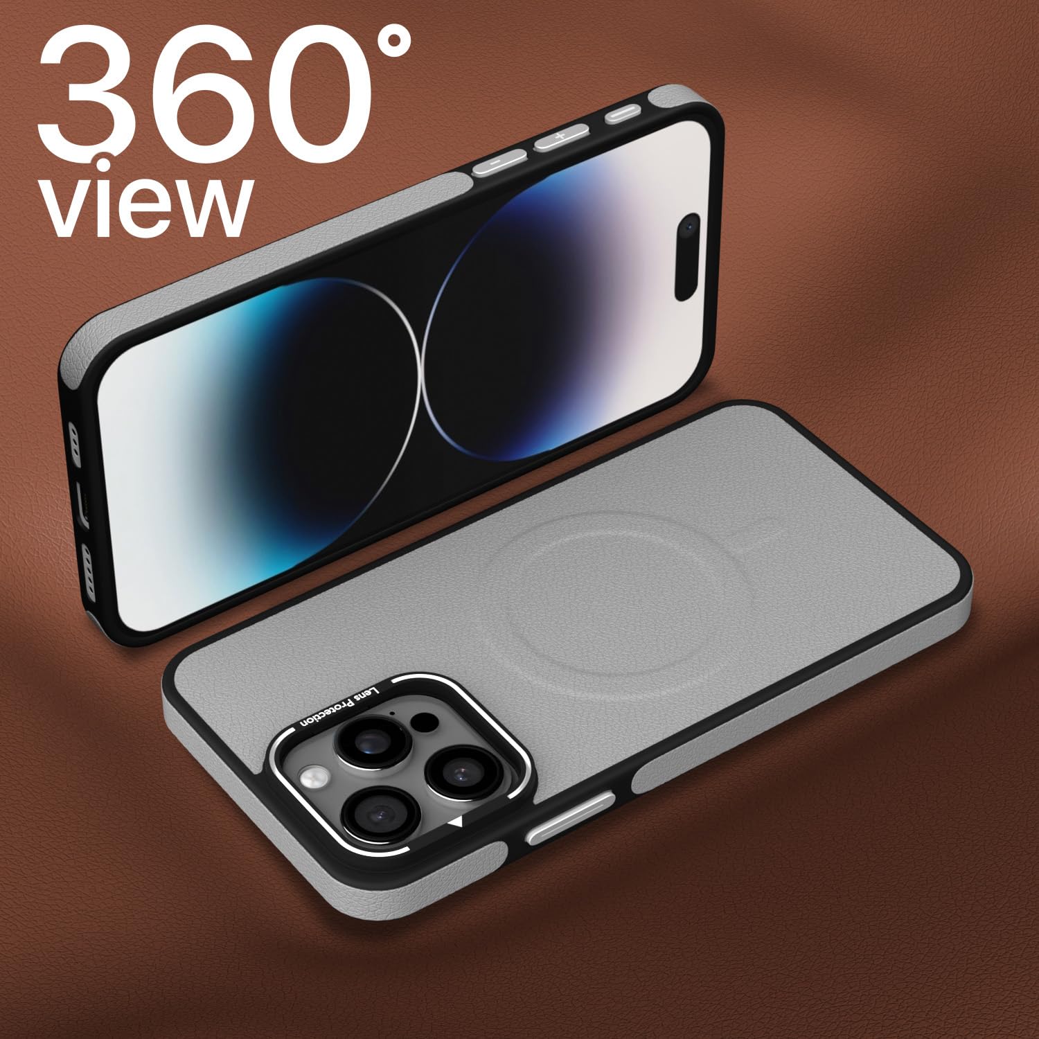 Pikkme iPhone 15 Pro Pu Leather with Metal Frame Lens Protection Bumper Case (Grey)