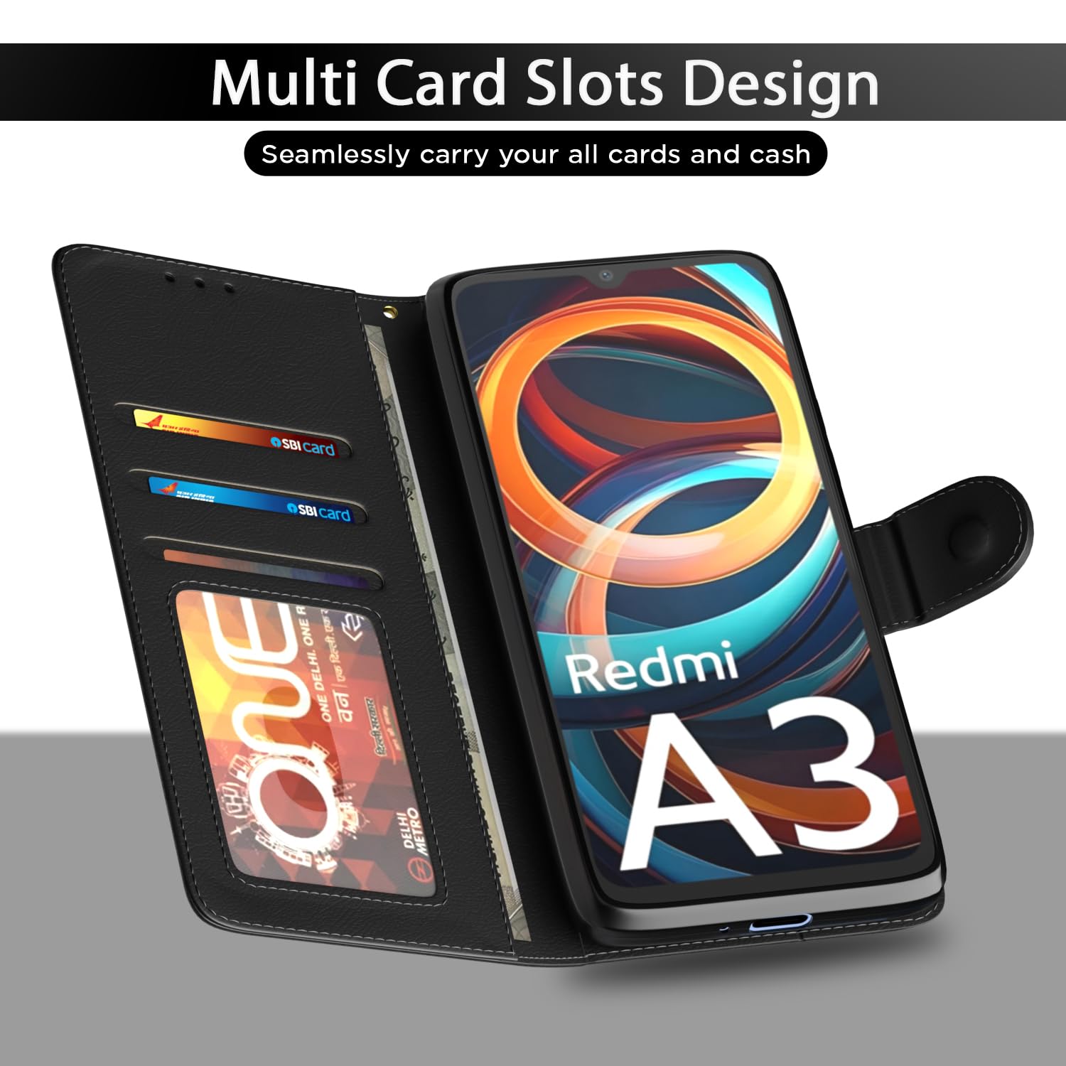 Pikkme Redmi A3 (2024) / Redmi A3x / Poco C61 Vintage Flip Cover (Black)