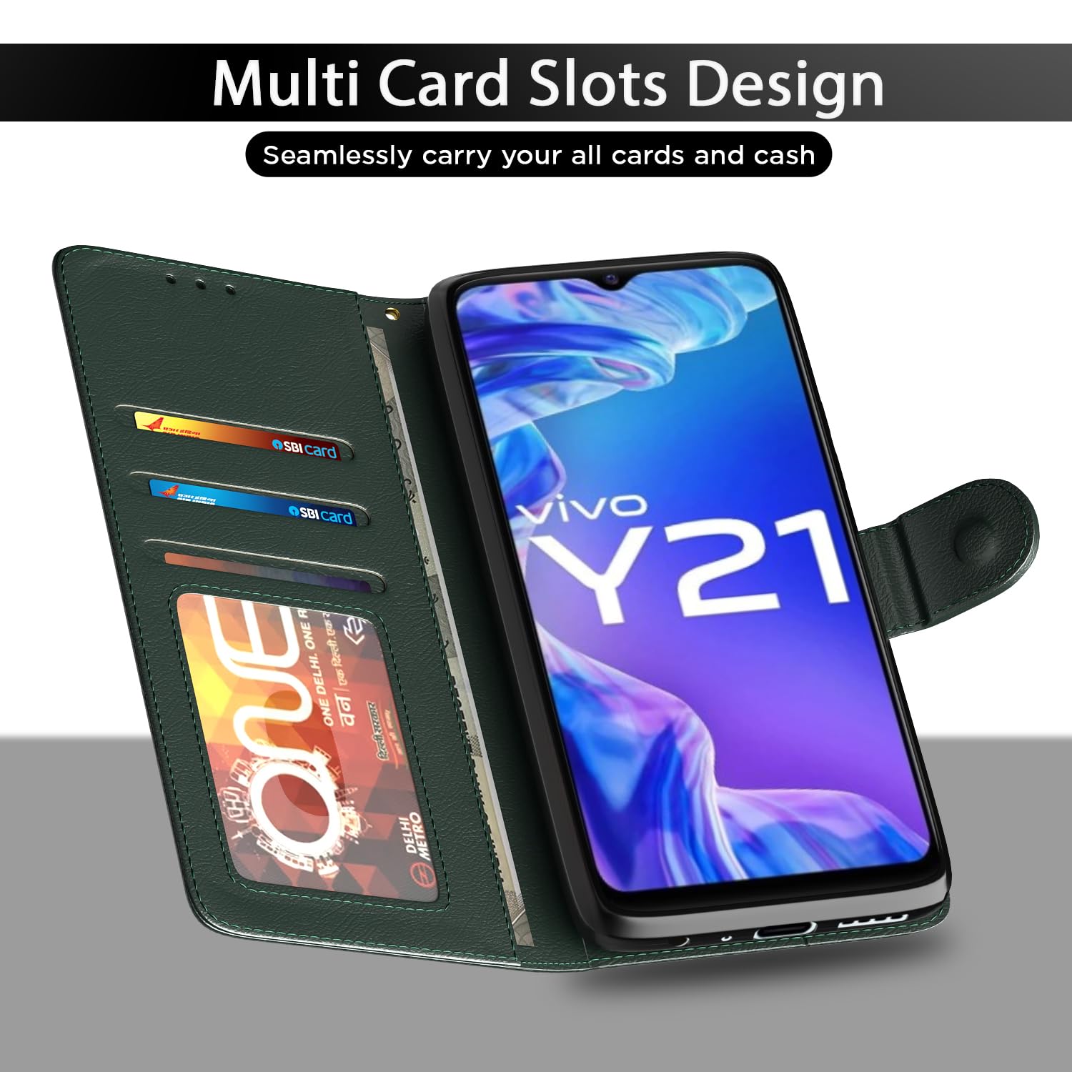 Green Wallet flip case for Vivo Y21 2021/Y33s – Pikkme – photo 5
