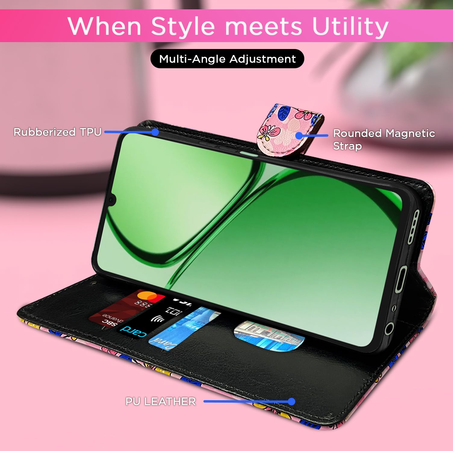 Pikkme Realme C63 4G Wallet pink flower wallet flip cover – photo 5