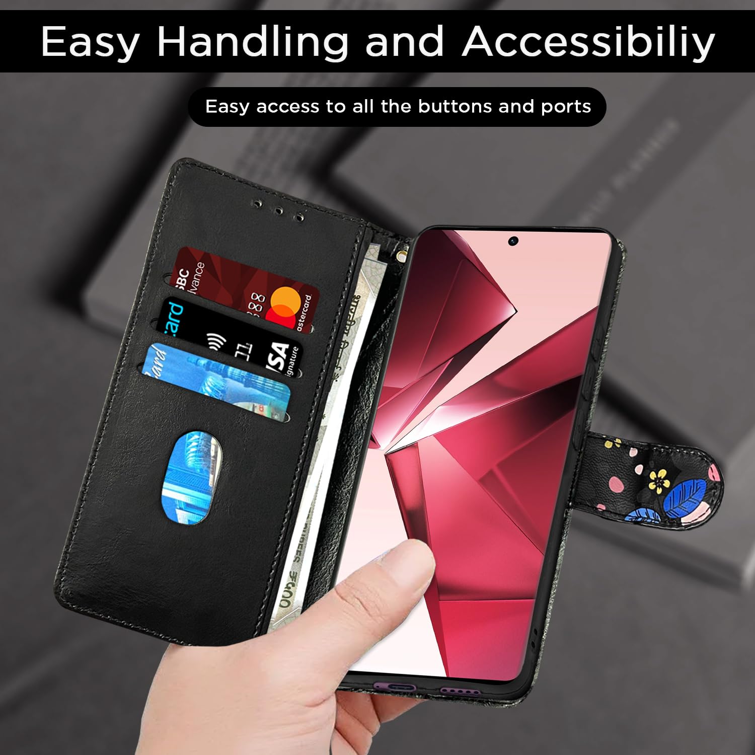 Pikkme Vivo V29E black flower wallet flip cover – photo 7