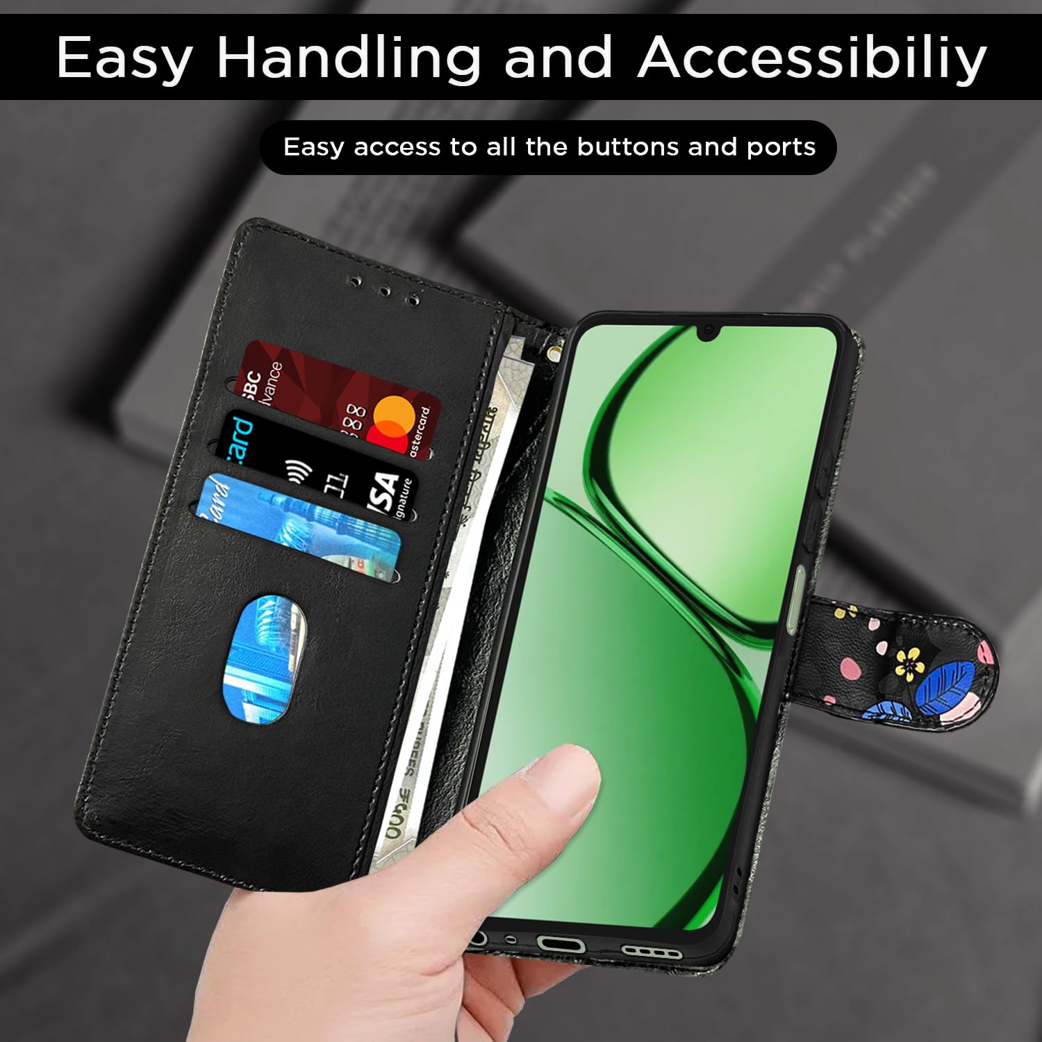 Pikkme black flower Wallet flip cover for Realme C63 4G – photo 7