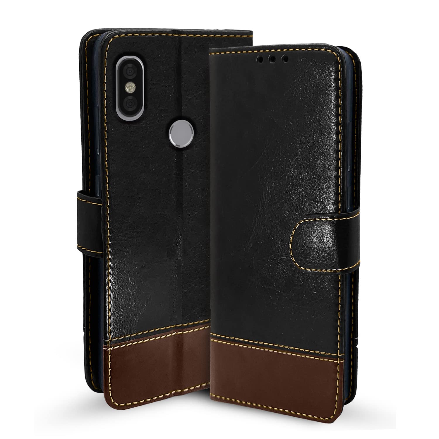 Pikkme black & brown wallet flip cover for Redmi Y2