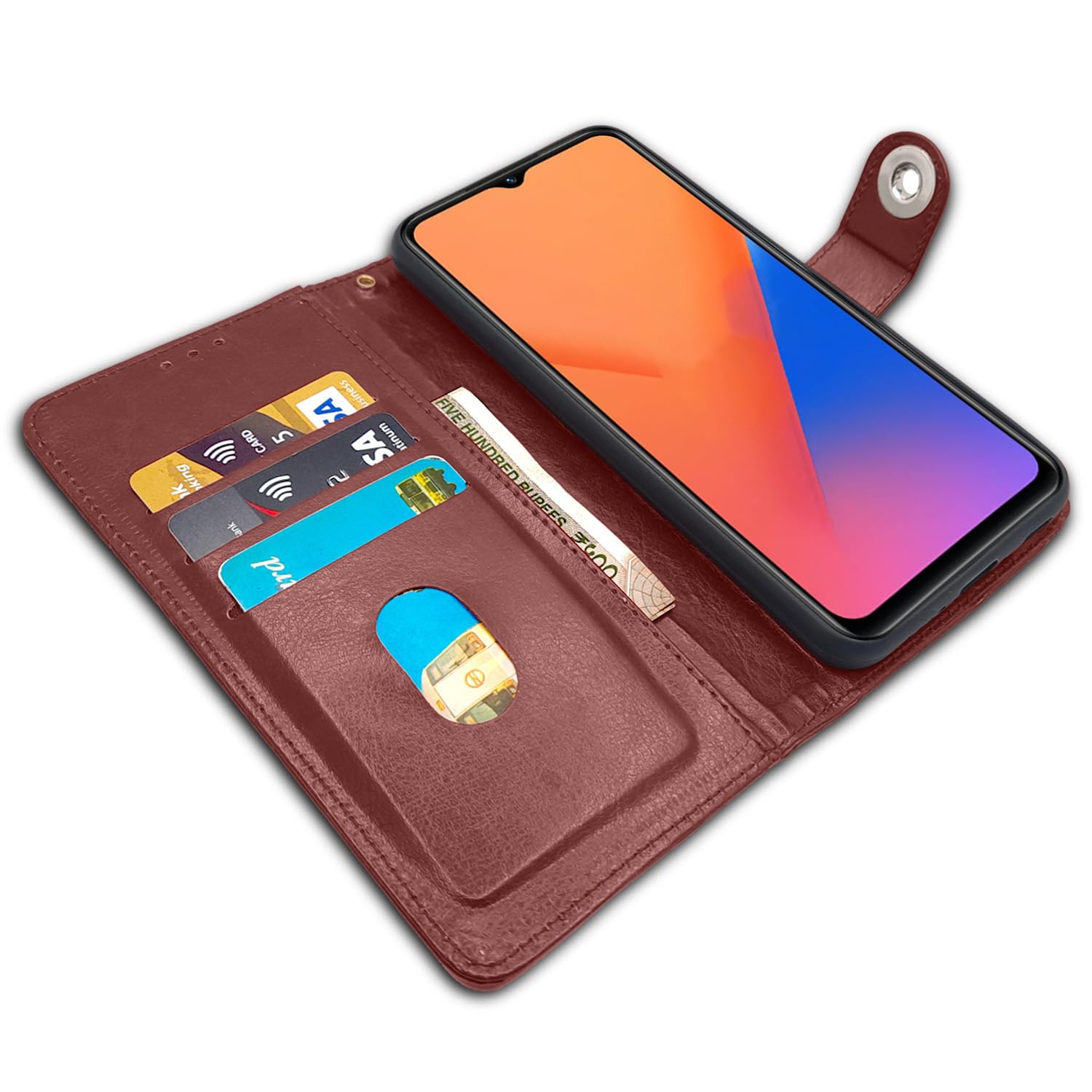 Pikkme Vivo T1/Y75/iQOO Z6 5G button brown wallet flip cover – photo 3