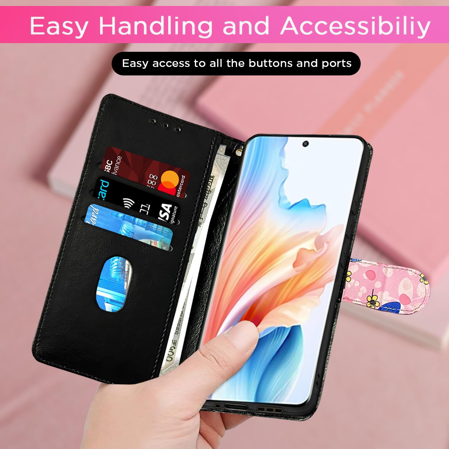 Pink flower Wallet wallet flip cover for Oppo A2 Pro 5G – Pikkme – photo 6