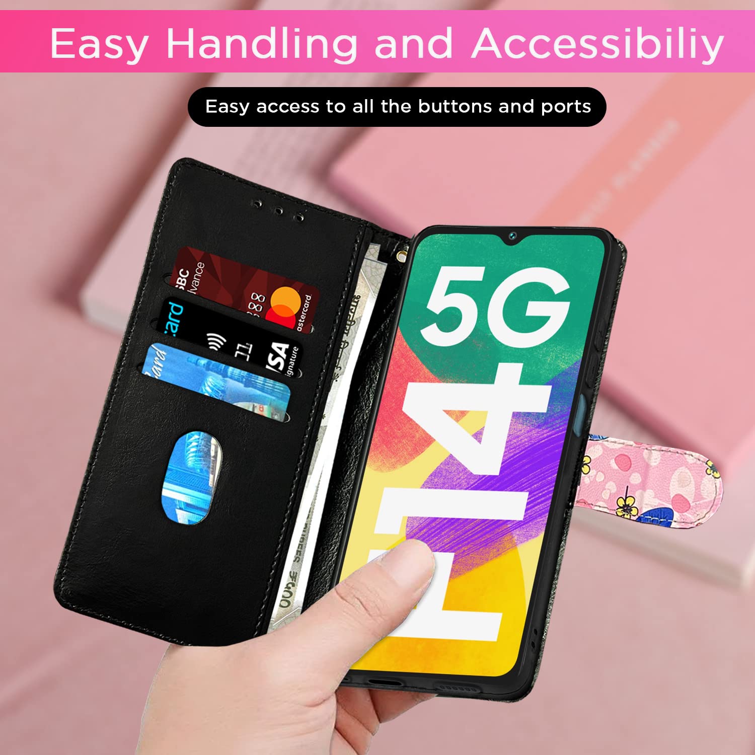 Samsung F14 5G wallet flip cover in pink flower by Pikkme – photo 6