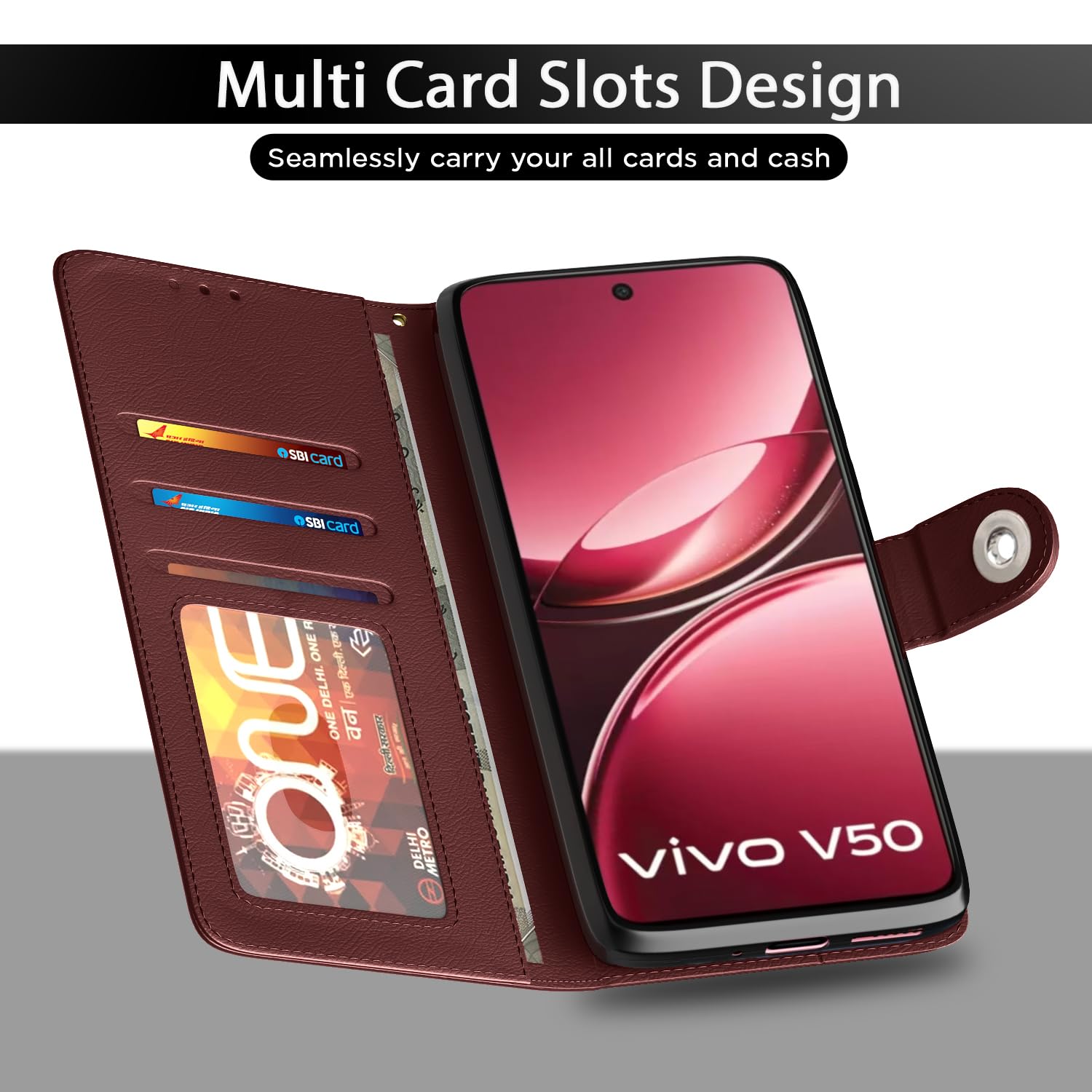 Pikkme iQOO Z10R/Vivo V50/V50e/Vivo T4R 5G Button brown wallet flip cover – photo 5