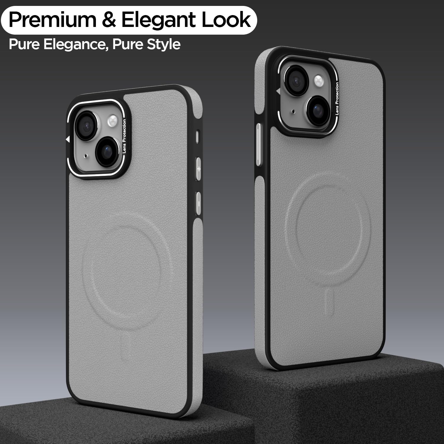 Pikkme iPhone 13 / iPhone 14 Pu Leather with Metal Frame Lens Protection Bumper Case (Grey)