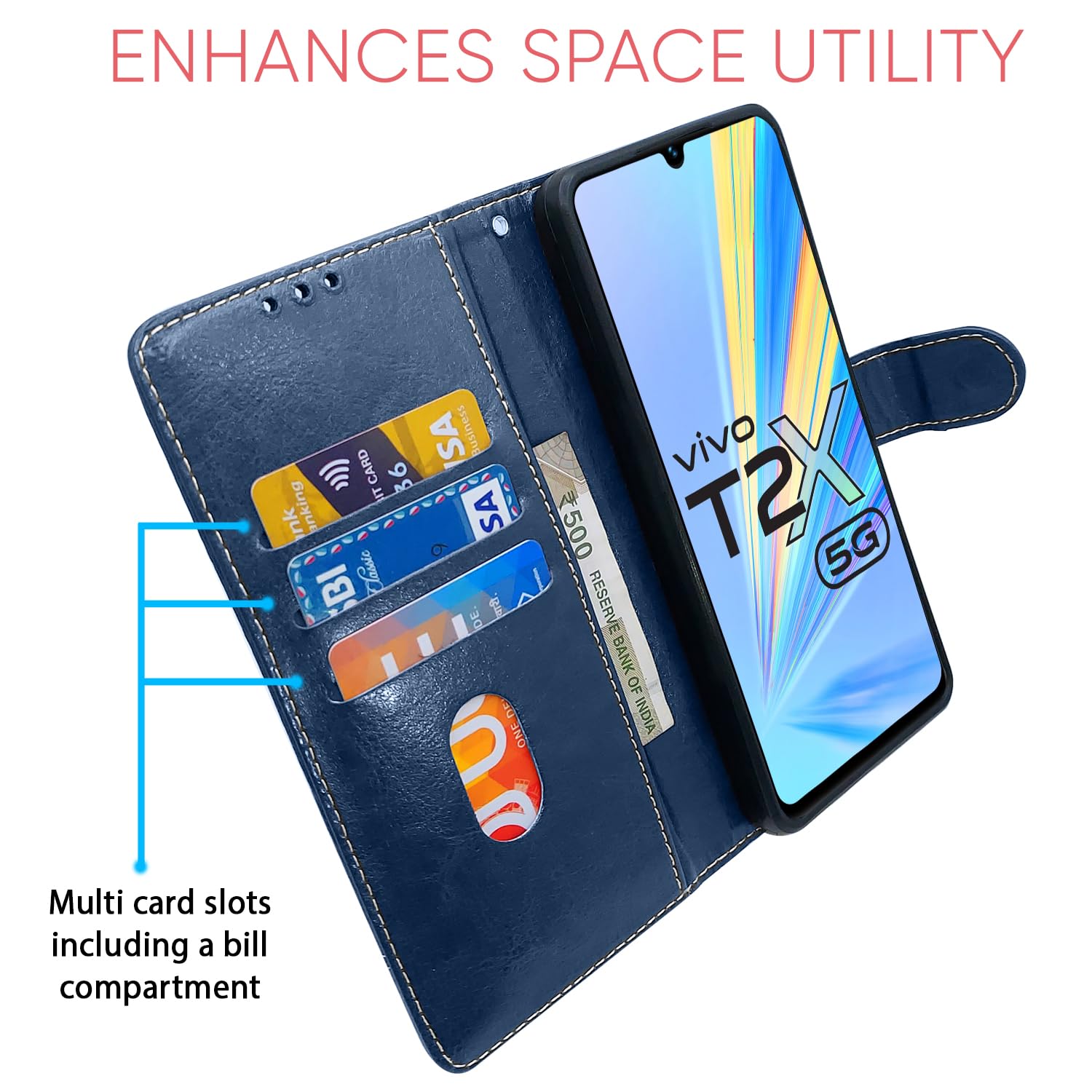 Blue & brown wallet flip cover for Vivo T2X/Y16/Y56 5G – Pikkme – photo 4