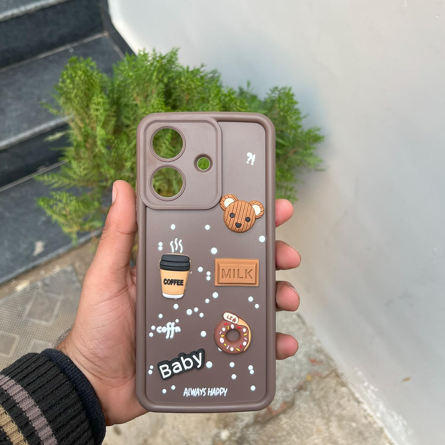 Pikkme Realme Narzo N61 / Realme C61 4G Cute Fun Cartoon 3D Bear Coffee Back Cover (Brown)
