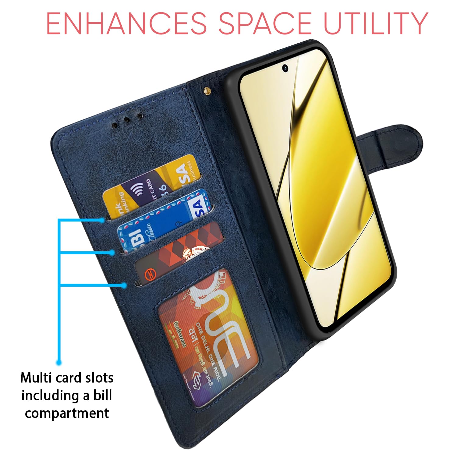 Pikkme Realme 11 5G Dual-Tone PU Leather Finish Magnetic Flip Cover (Navy Blue)