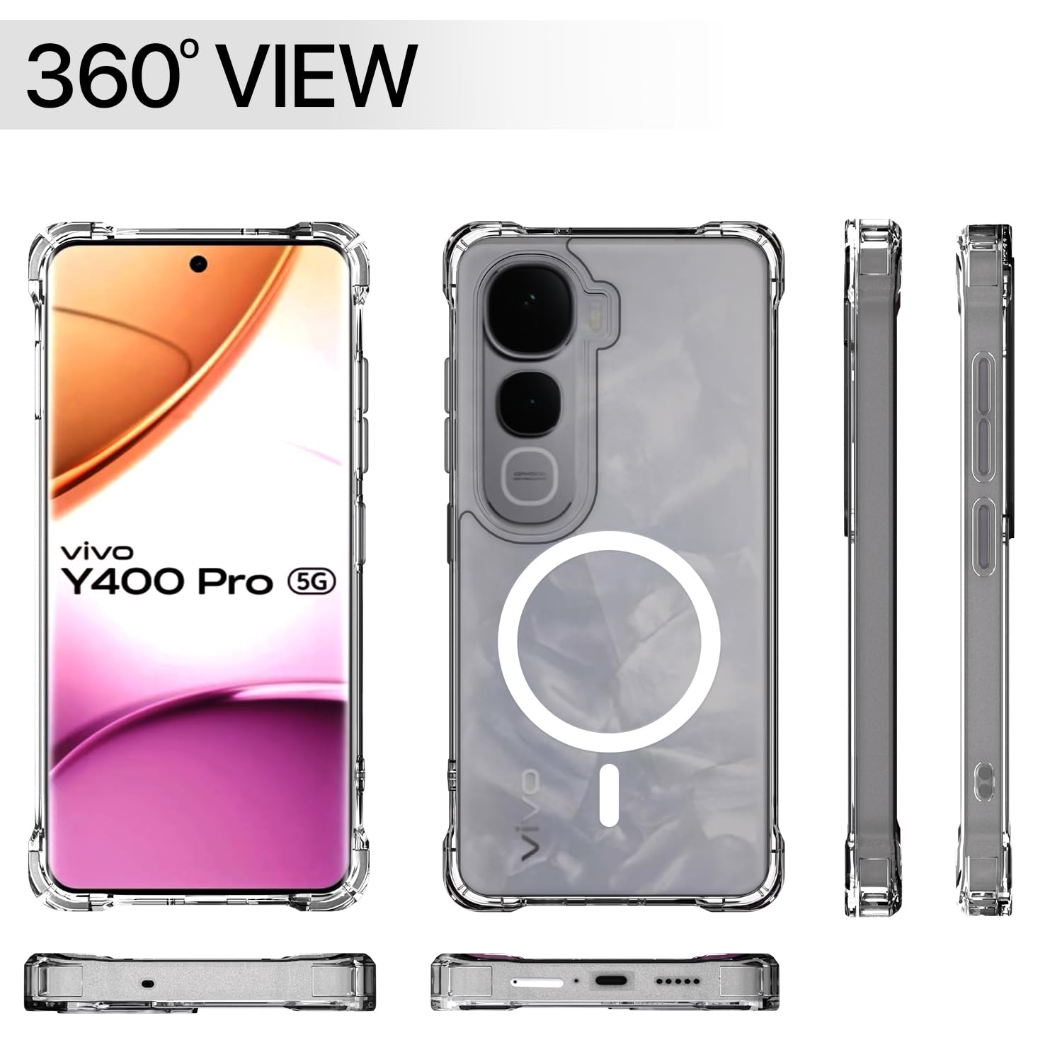 Pikkme Vivo Y400 Pro 5G Mag-Safe Shockproof PC + TPU Back Cover (Transparent)