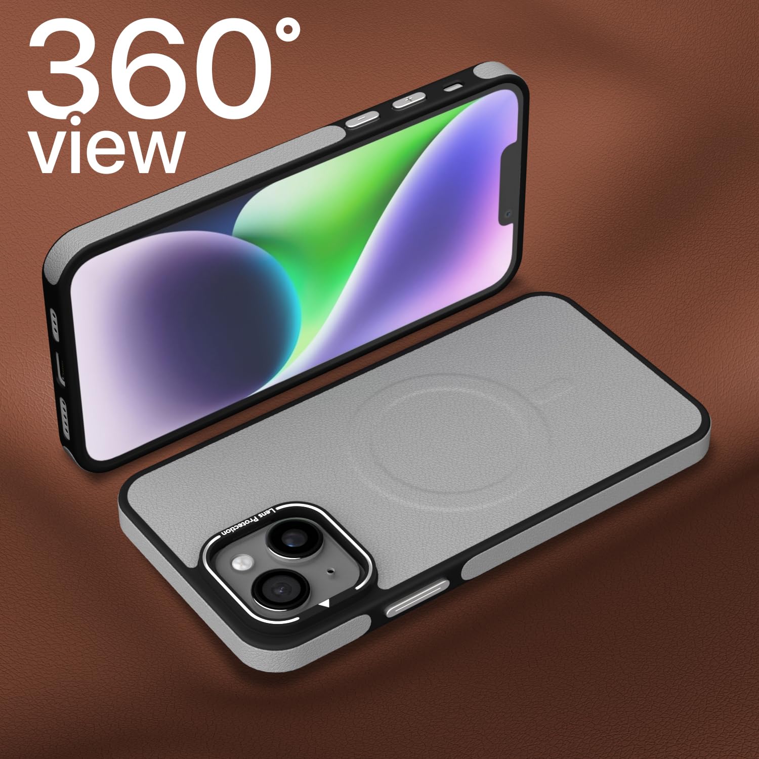 Pikkme iPhone 13 / iPhone 14 Pu Leather with Metal Frame Lens Protection Bumper Case (Grey)