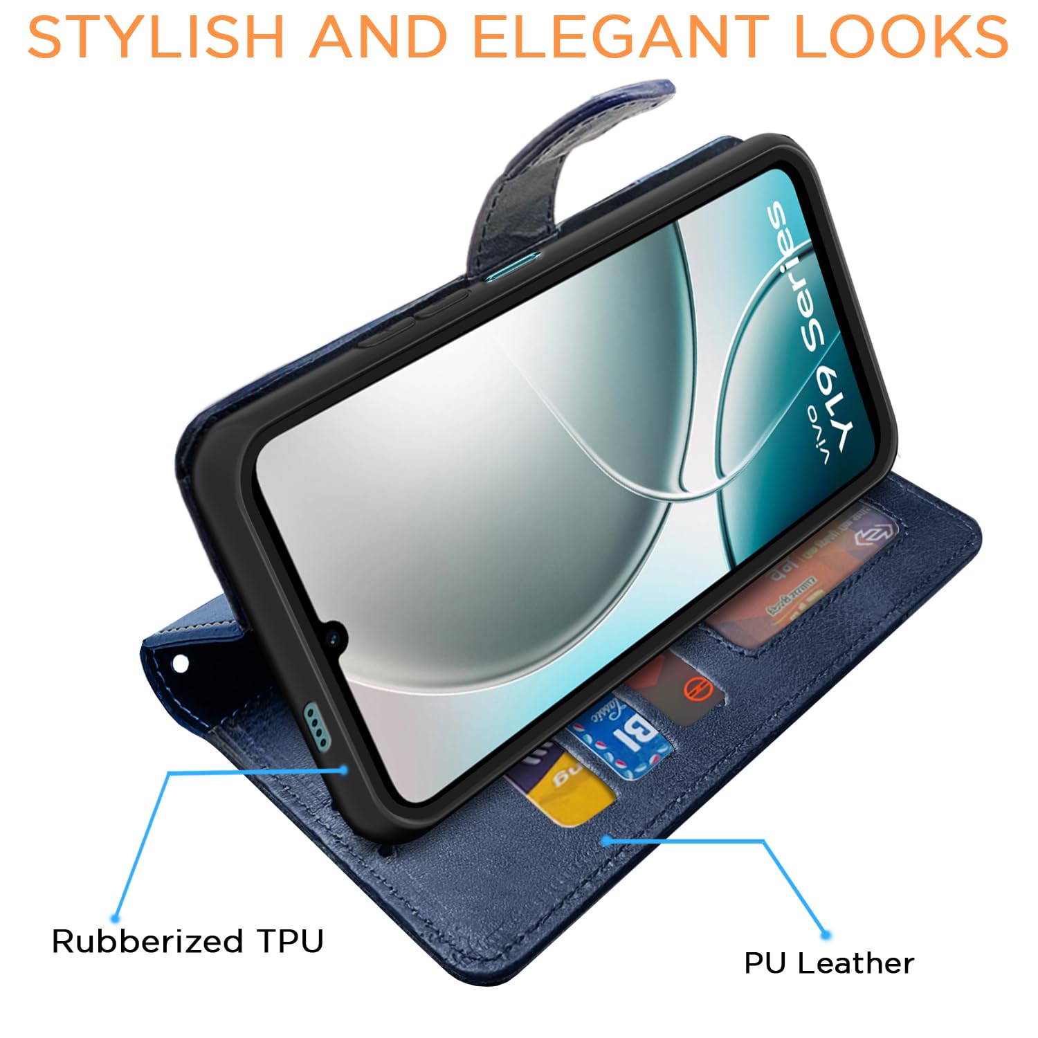 Pikkme Vivo Y19e / Y04 4G / Y29s 5G Dual-Tone PU Leather Finish Magnetic Flip Cover (Navy Blue)